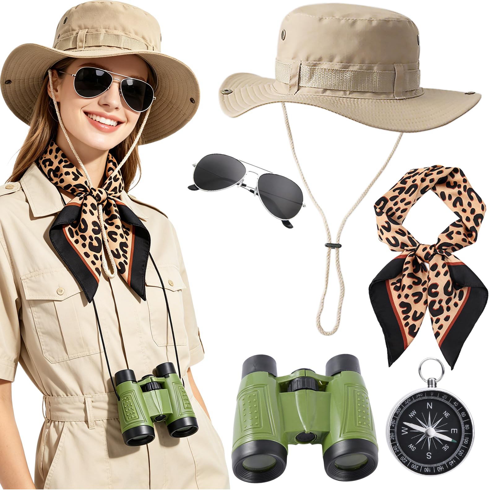 5 Pcs Women's Safari Costume Outdoor Accessories Set wih Safari Hat Binoculars Sunglasses Bandana Compass Dress Up Ideal Explorer Zoo Keeper Costume for Halloween Cosplay Carniva Outdoor Adventures