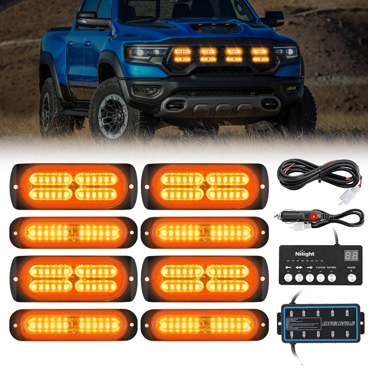 Nilight 8PCS Led Strobe Lights with Controller 12V 24V Sync Feature Amber