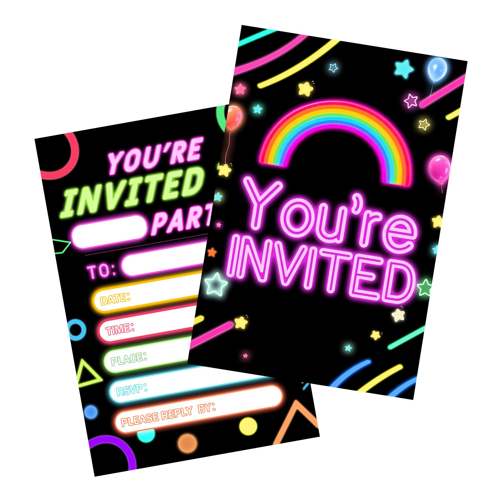 20PCS Neon Rainbow Party Invitations, Glow in The Dark Vibrant Rectangular Invite Cards, Neon Theme Party Supplies for Kids Birthday Disco Festival Rave Game Night Celebrations【New Update!】