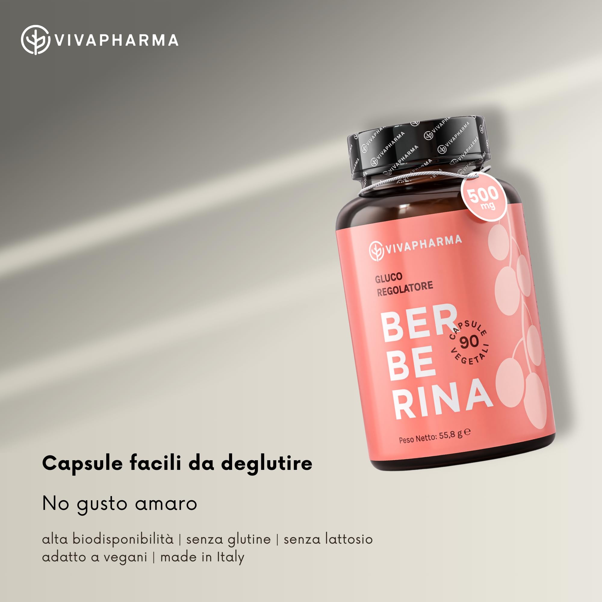 VIVAPHARMA Berberina - 90 cps Alto Dosaggio 500 mg - Favorisce Regolare Funzione Epatica e Cardiovascolare - Berberina hcl 500 mg
