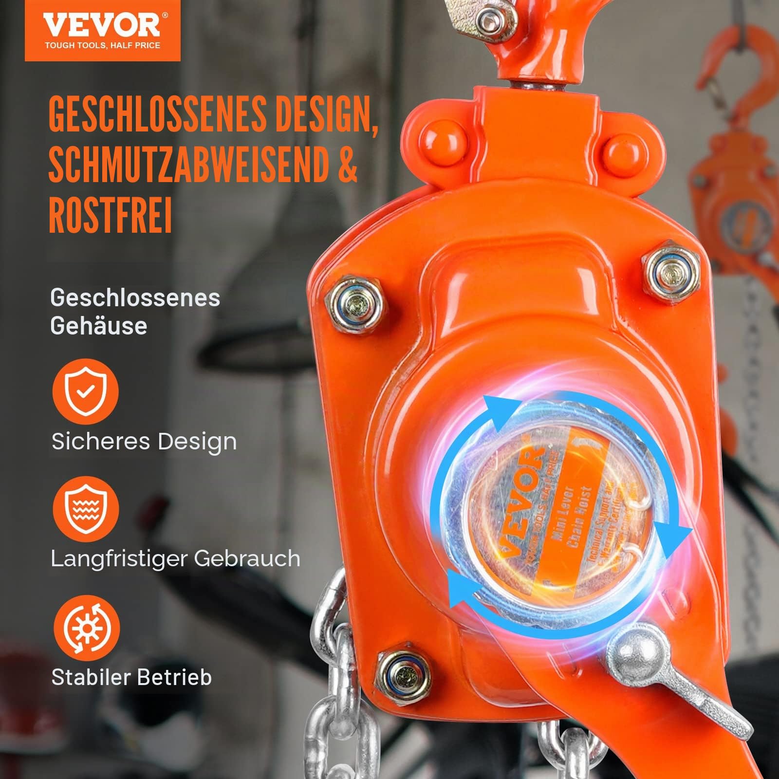 VEVOR Mini Hebelzug 0,25T Tragfähigkeit Kettenzug 260N Zugkraft Flaschenzug 2,80m Hubhöhe Ratschenzug Hebezug aus Stahl G80-Kette Weston Doppelklinkenbremse 360° drehbarer Haken Handkettenzug