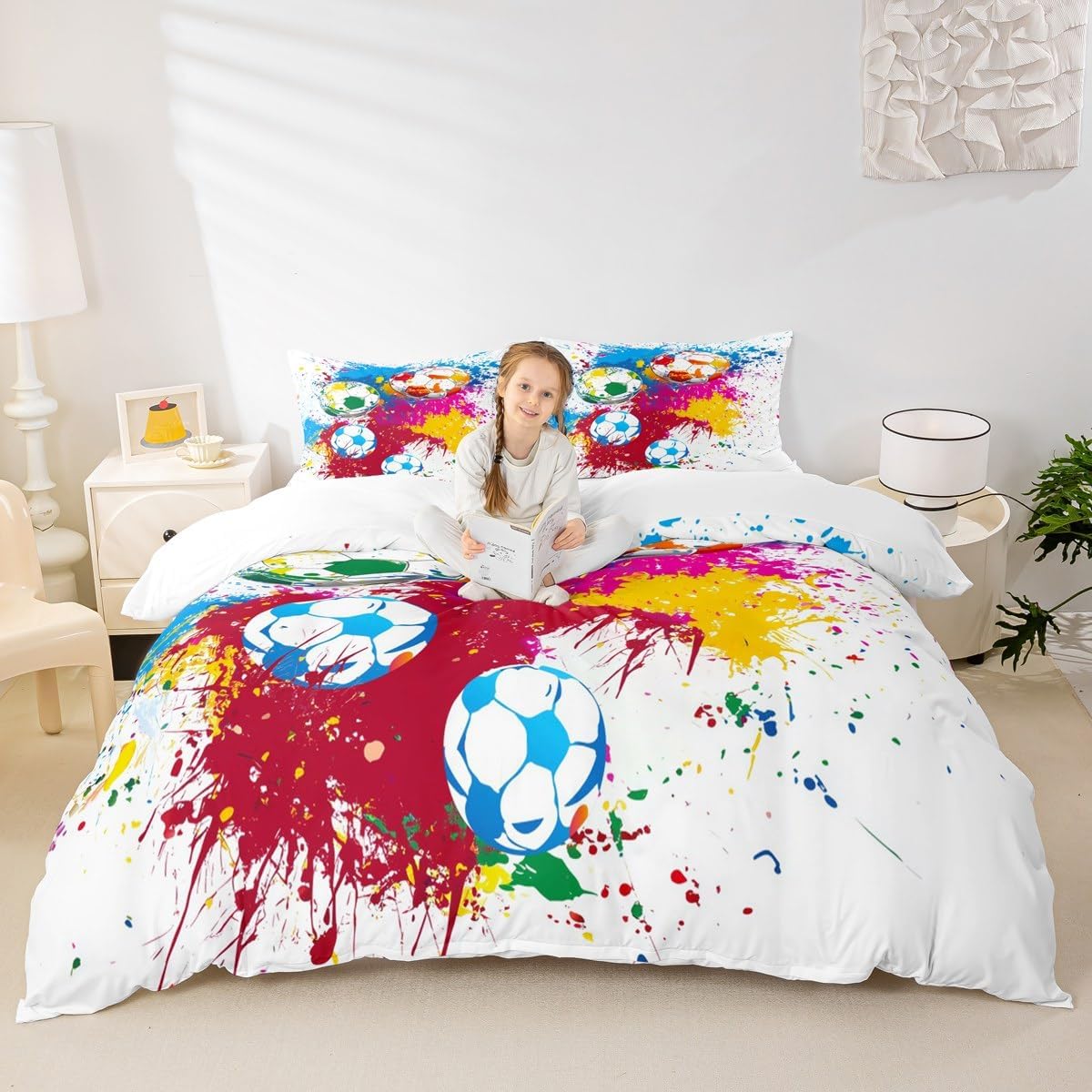 Soccer Kids Duvet Cover Set Full Size,Watercolor Tie-dye Graffiti Fashion Bedding Set,Girls Boys Adults Room Decor,Ball Sports Games Honeycomb Chic Comforter Cover,Bright Quilt Cover,2 Pillowcases