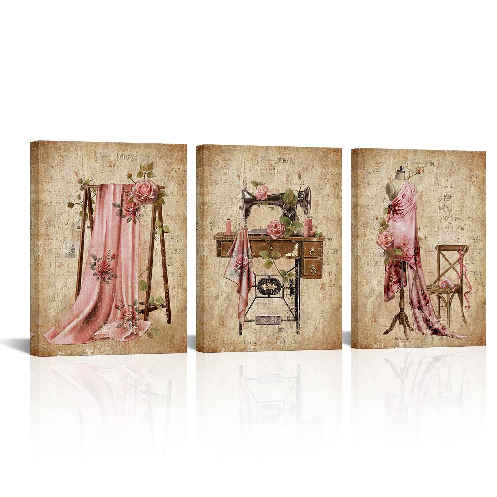 3-Panel Vintage Tailor Workshop Canvas Wall Art - Framed Rustic Decor, 42"W X 28"H