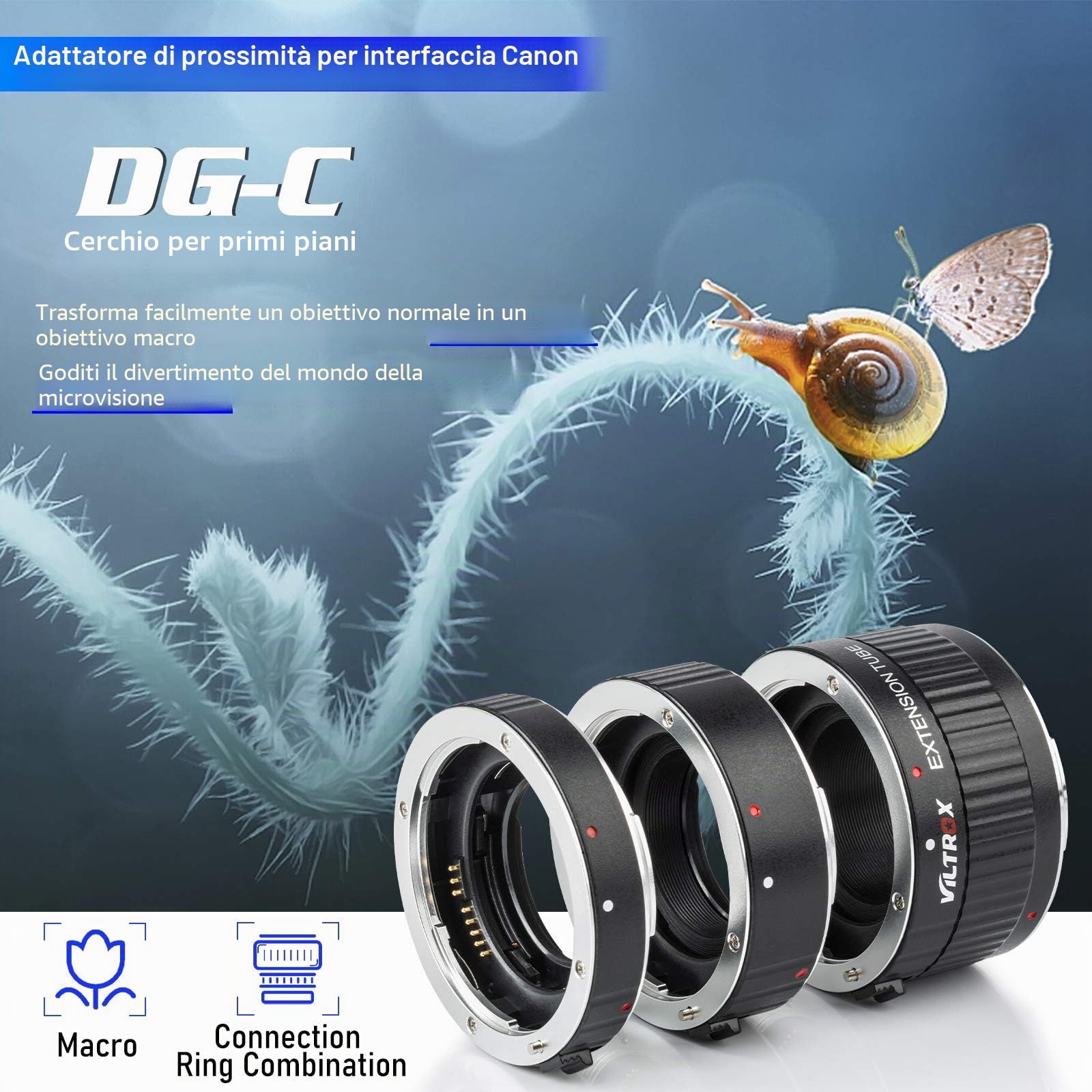 VILTROX DG-C Tubo di Prolunga Macro Messa a Fuoco Automatica con Montaggio in Metallo Anello Adattatore (12mm+20mm+36mm) per Canon EF EF-S Obiettivo & Fotocamera 5D 7D 800D 760D 700D 80D 70D 1300D