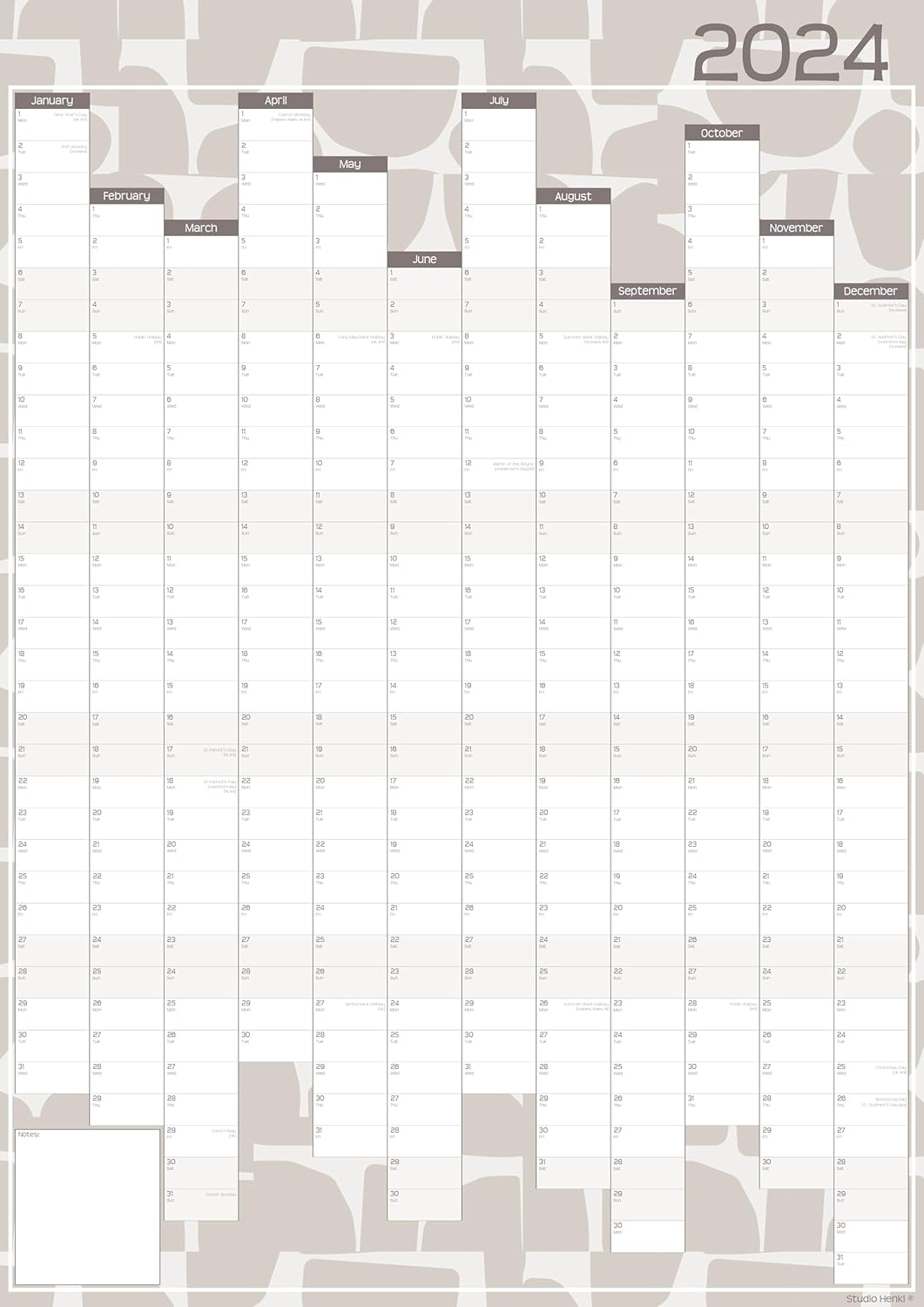 Studio Henki 2024 Wall Planner. A2 Vertical Year Planner Pebbles