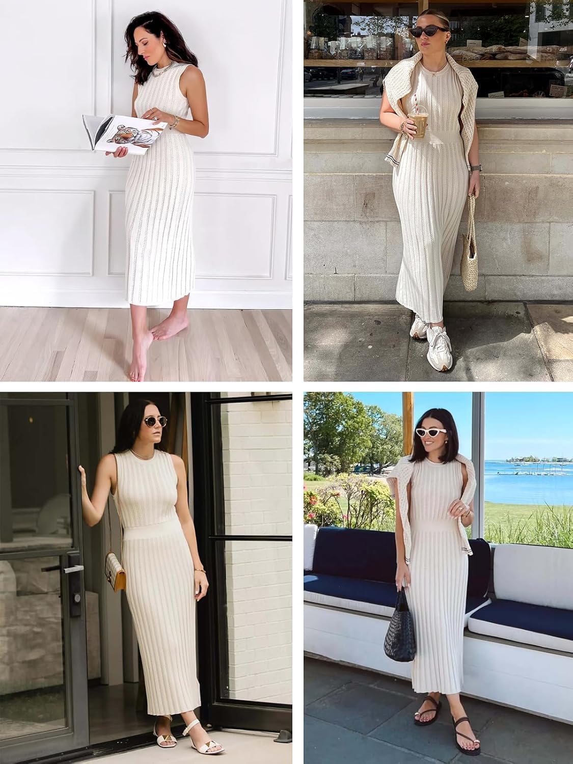 Danedvi Women's Knit Midi Tank Dress Sleeveless Ribbed Crew Neck Fall Bodycon Casual Basic Going Out Dresses