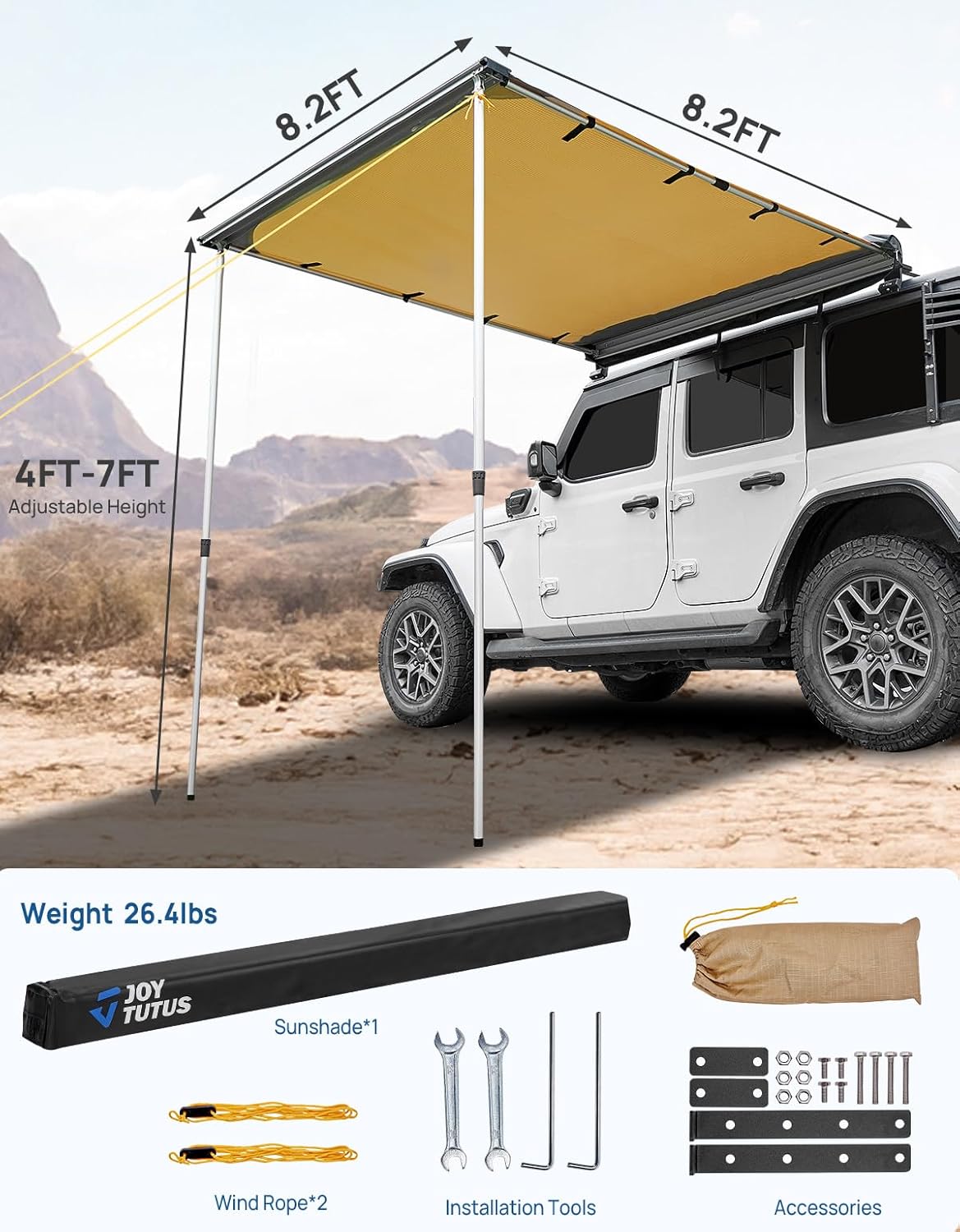 JOYTUTUS Vehicle Awning 6.6x8.2 Roof Rack Pull-Out Sun Shade UV50+, Weatherproof 4x4 Side Awning for Camping, Car Awning with Adjustable Hardware, Quick Set-up, SUV/Truck/Van/Jeep JOYTUTUS Vehicle Awning 6.6x8.2 Roof Rack Pull-Out Sun Shade UV50+, Weatherproof 4x4 Side Awning for Camping, Car Awning with Adjustable Hardware, Quick Set-up, SUV/Truck/Van/Jeep