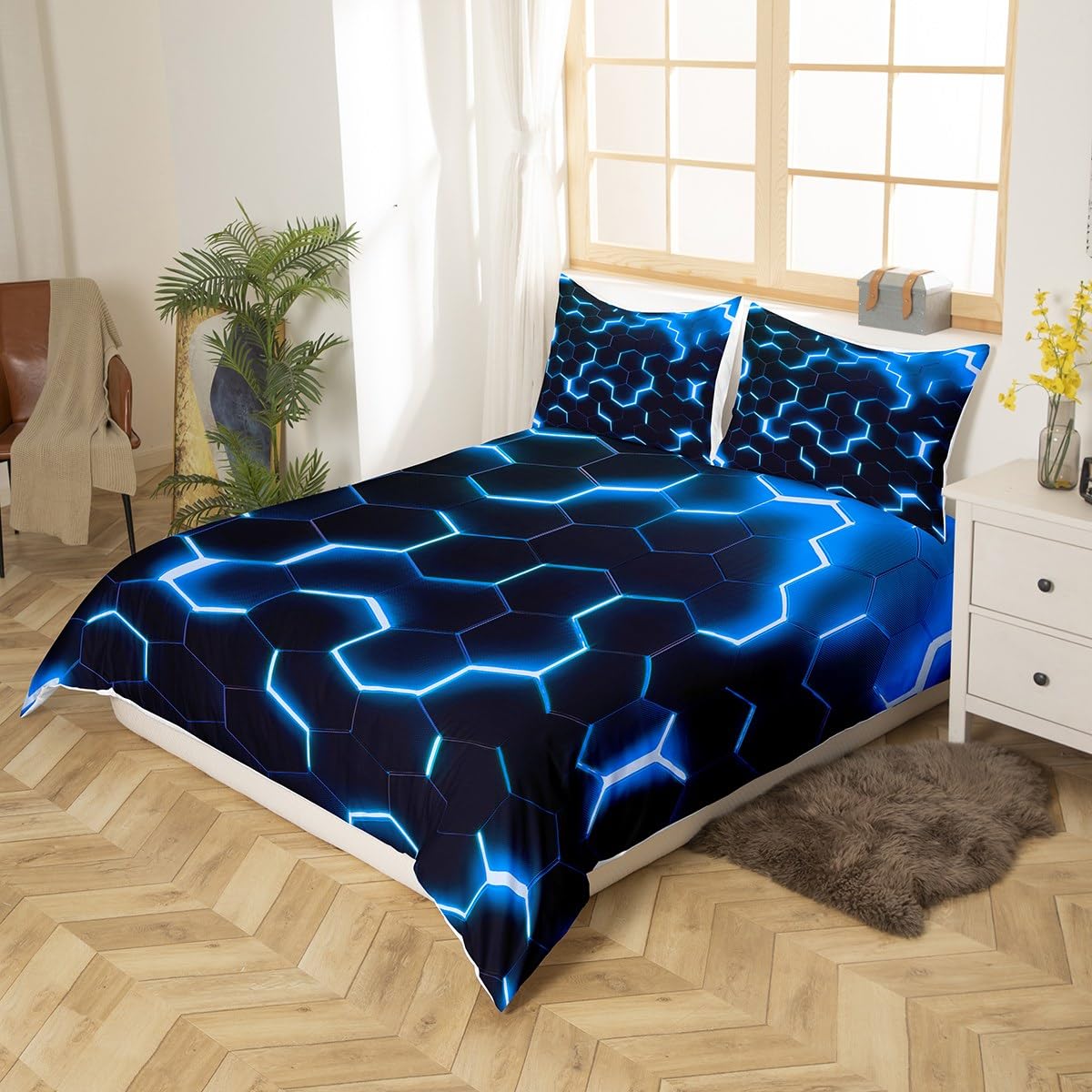 richhome Geometric Honeycomb Duvet Cover Double Size,Hexagon Abstract Bedding Set,Kids Boys Girls Adults Room Decor,Fashion Patchwork Comforter Cover,Blue Black Neon Quilt Cover,2 Pillowcases - Image 3