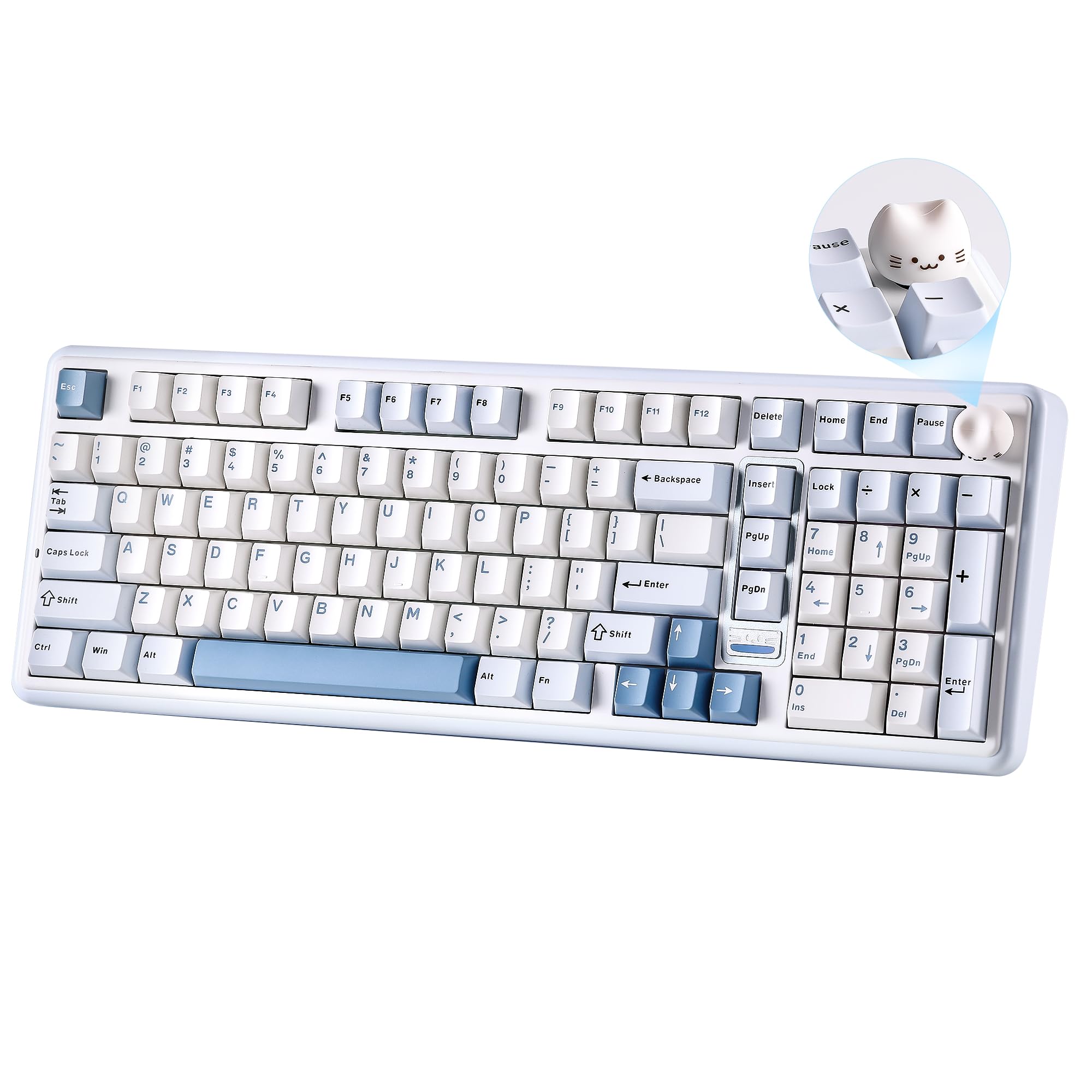 YUNZII B98 PRO QMK/VIA Wireless Mechanical Gaming Keyboard, 96% Layout with Numpad and Cute Cat Knob, BT/2.4G/USB-C, Pre-Lubed Switch Hot Swap Gasket, RGB for Win/Mac (Blue, Milk V2 Linear Switch) - 1