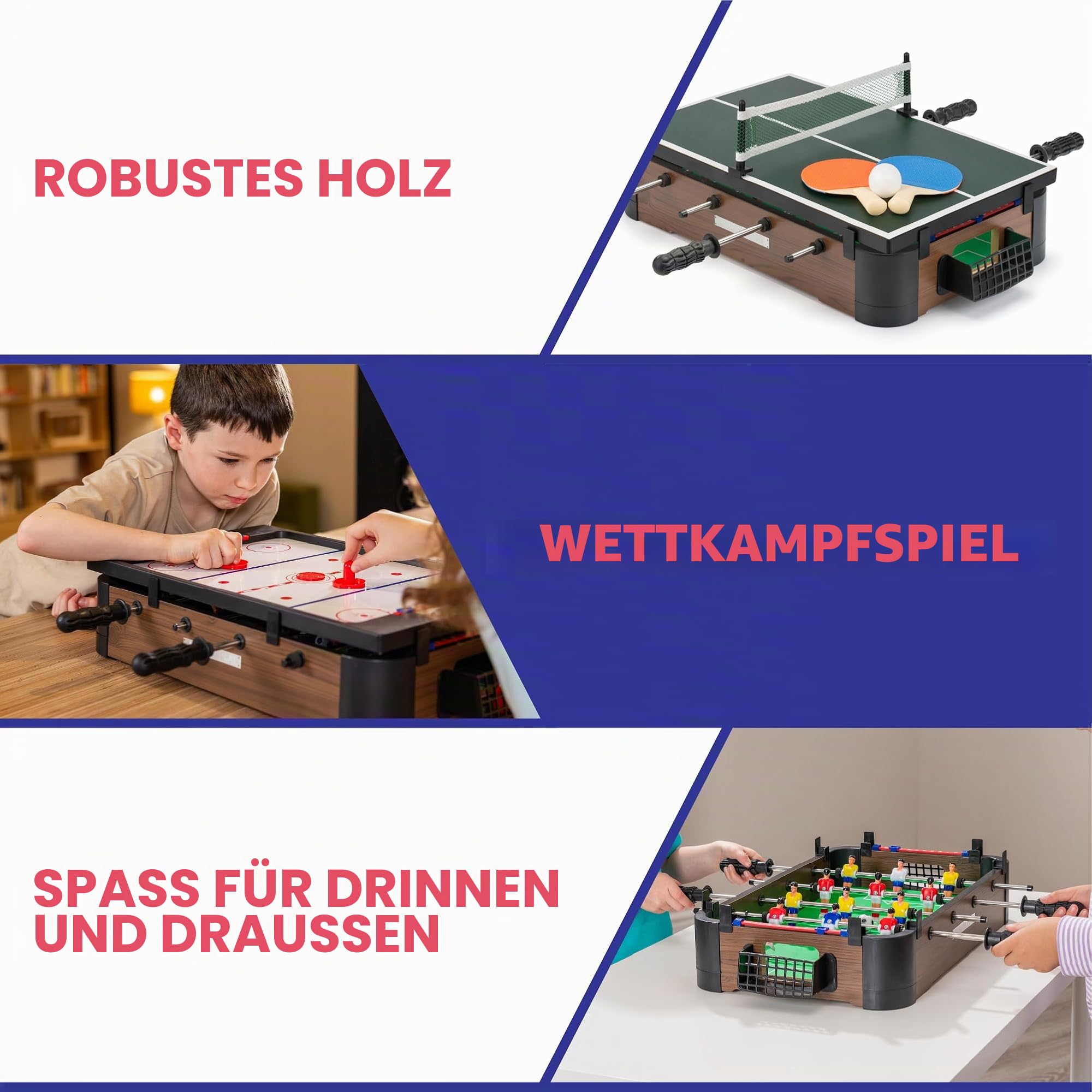 PowerPlay 3 in 1 Tischplattenspiele, Multi Game Tischset, Mini Fußball, Hockey und Tischtennis, Einheitsgröße