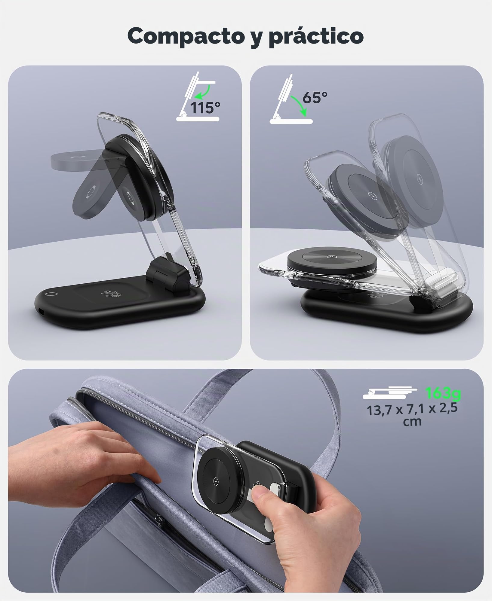 Cargador, 3 en 1 Estación de Carga Compatible con iPhone 17 16 15 14 13 12 Pro MAX/Air/Plus/Pro, Cargador Inalámbrico 15W Plegable Ajustable para Apple Watch10/9,Airpods 3/2/Pro,Negro Profundo