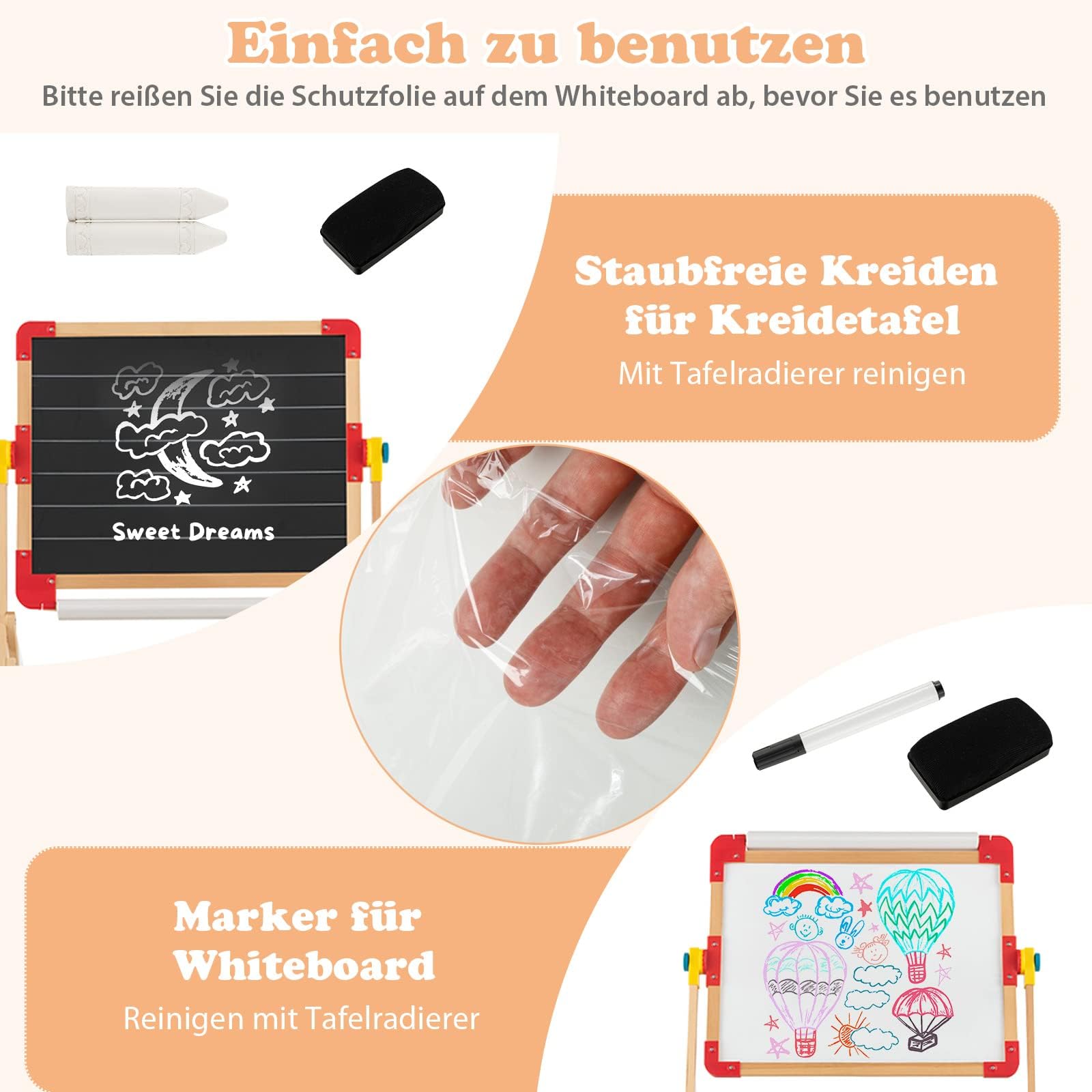 COSTWAY Kindertafel 360°drehbar, Spieltafel doppelseitig mit Kreidetafel & Whiteboard, Magnettafel Holz mit Ablage, Papierrolle, Abakus, Uhr & Alphabet, Standtafel für Kinder ab 3 Jahren