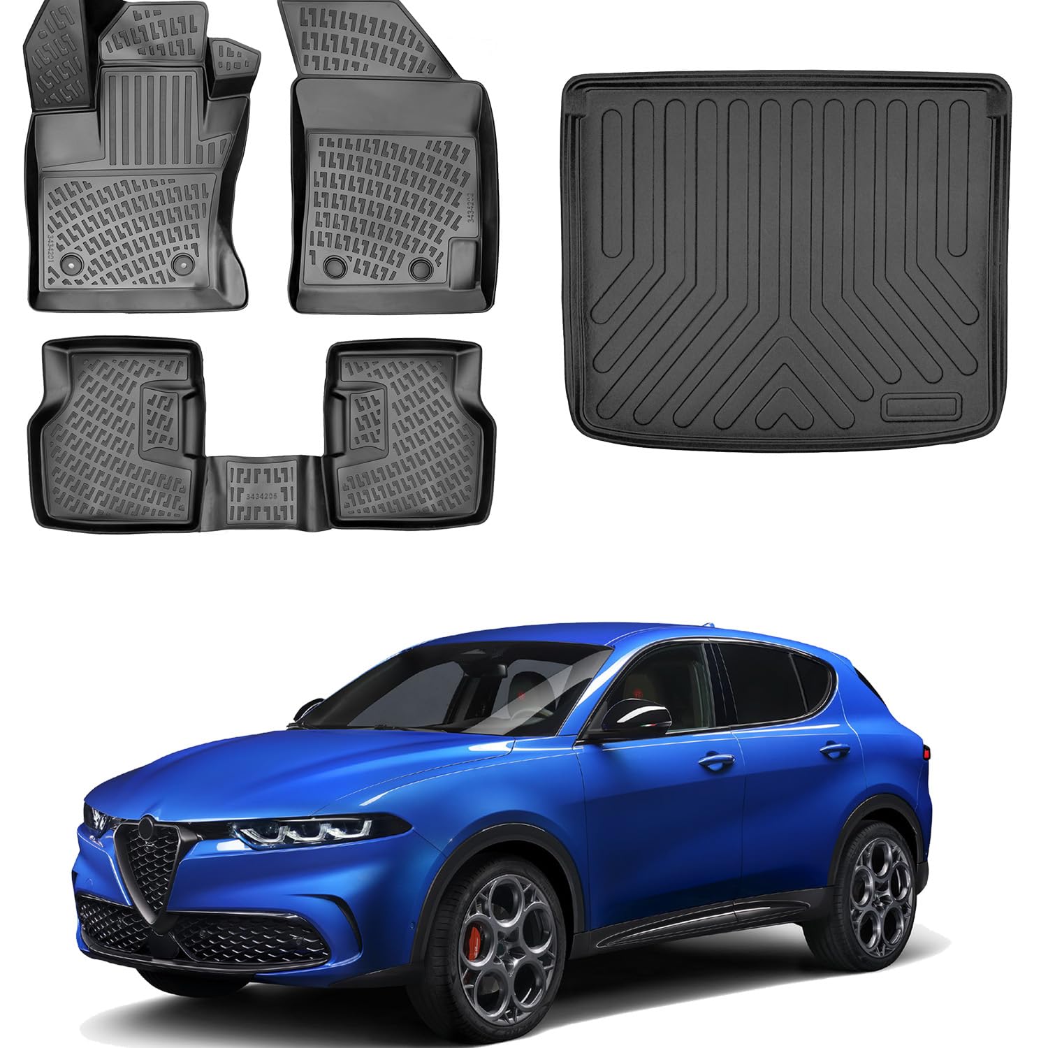 Floor Mats & Cargo Liner Set for Alfa Romeo Tonale 2022-2024 | Black TPE All Weather Custom Fit Floor Liner for 1st 2nd Rows and Trunk Car Mats