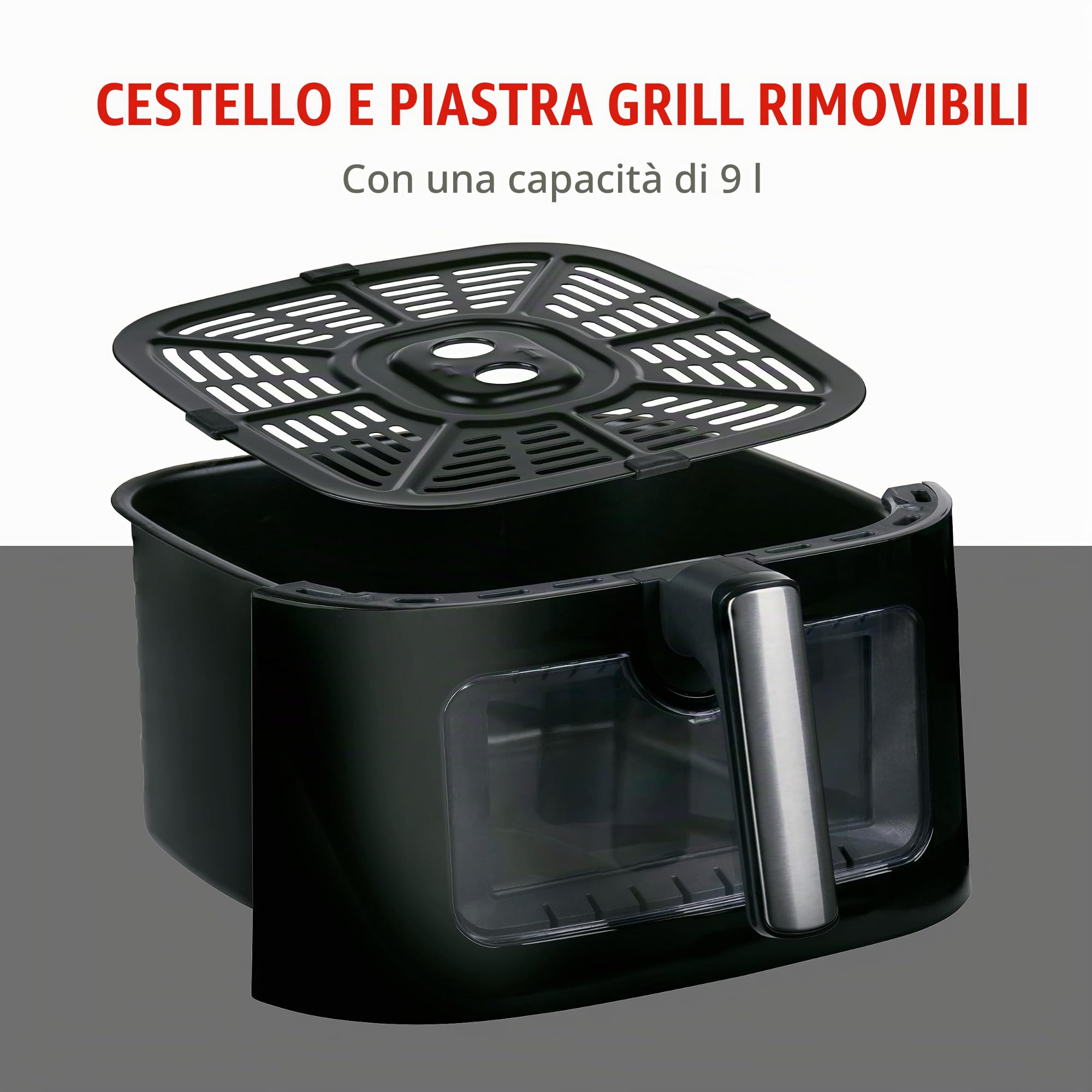 alpina Friggitrice Aria 9L - Friggitrice ad Aria XXL - Air Fryer con Display Digitale - Airfryer con Timer e Temperatura da 60 a 200℃ - con 8 Programmi di Cottura e Finestra di Visualizzazione - Nero