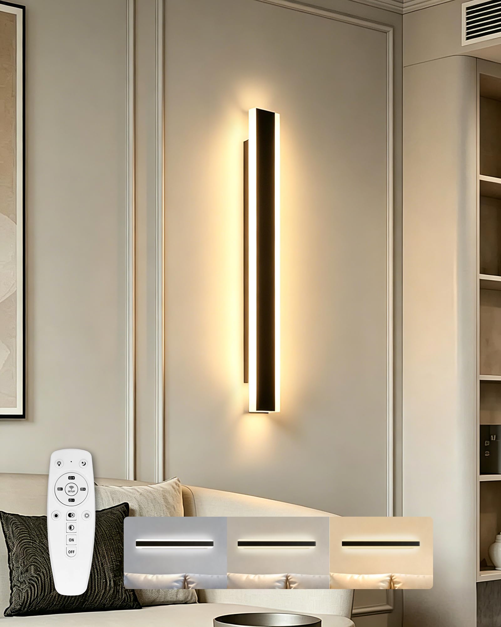 Applique da parete a LED Interno Moderni con Telecomando,120CM Luci | Dimmerabile 10%-100%,3000K-4500K-6000K,Lampada da Parete Lungo Mordern per Camera da Letto, Soggiorno,Scala,120CM/35W/Nero