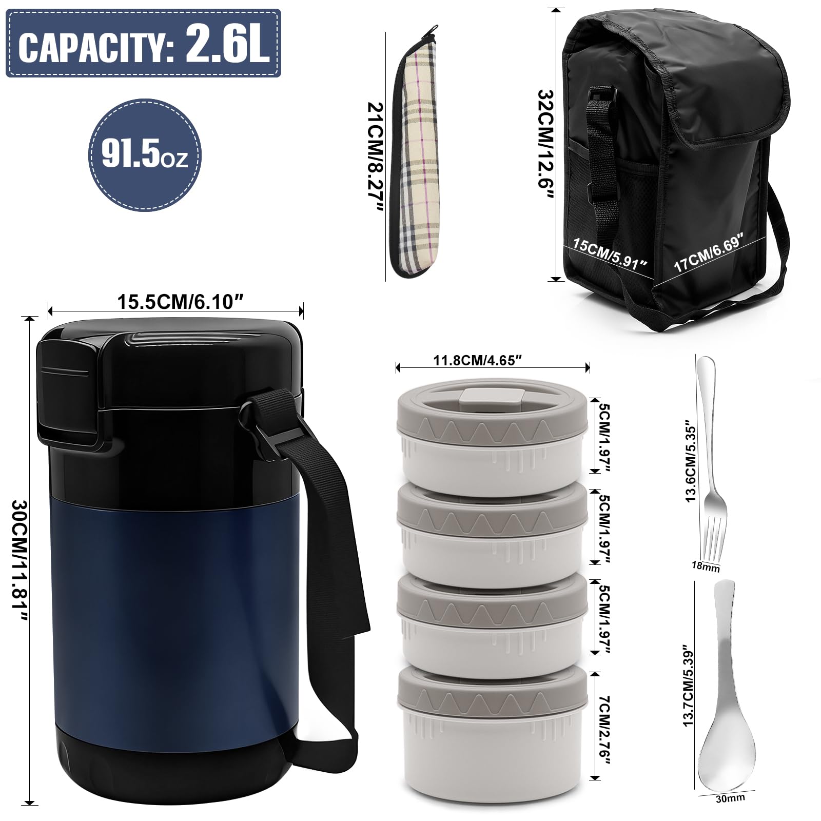 Thermos per Alimenti Caldi 2.6L, con 4 Compartimenti Separati, Contenitore Termico per Alimenti Caldi, Porta Pranzo Termico per Lavoro, Studenti e Lavoratori, Con Posate e Borsa Termica(Blu)