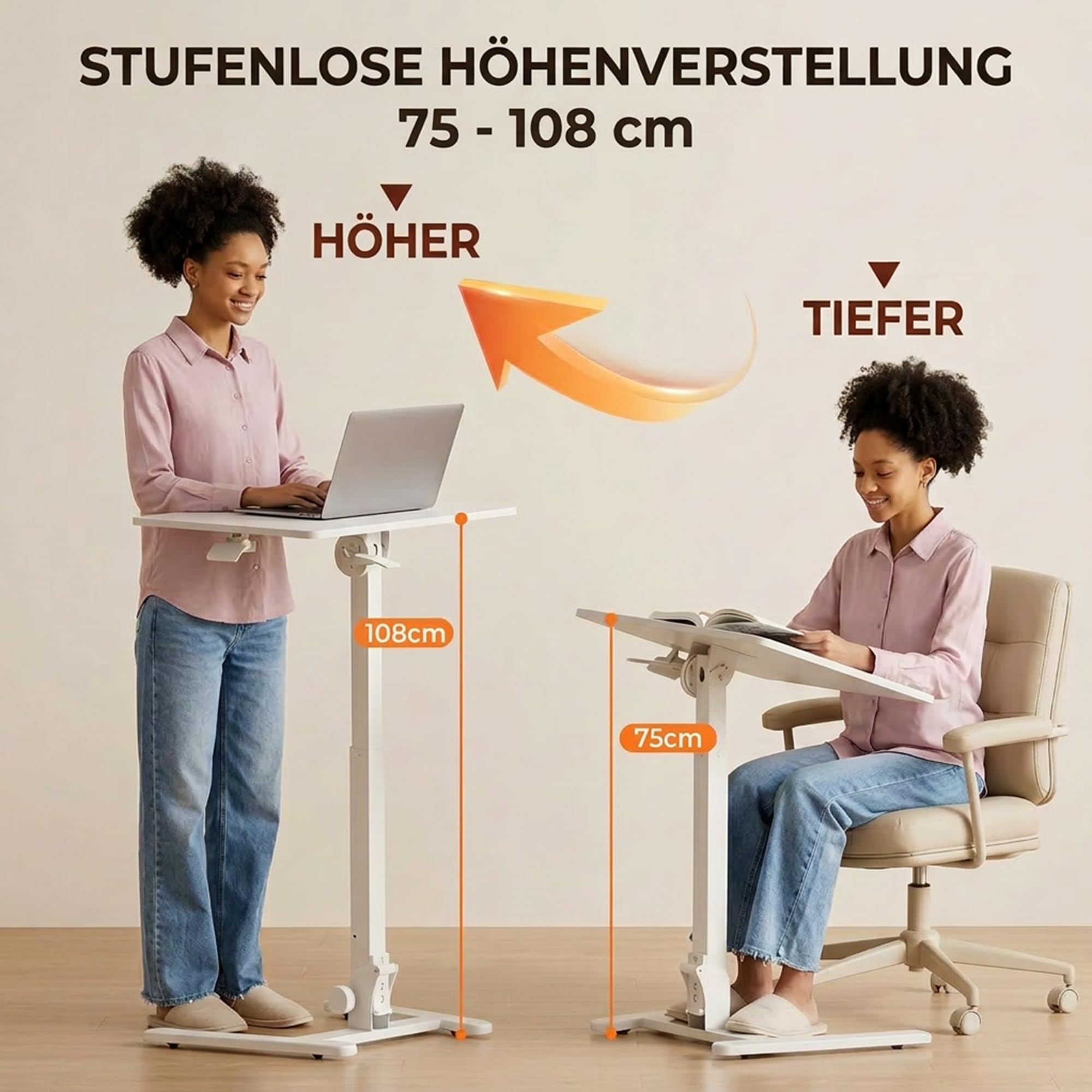 MUSSO AnyDesk D7 Bureau Mobile Pliable pour Ordinateur Portable, réglable en Hauteur 75-108 cm, Plateau inclinable 0-90°, Blanc