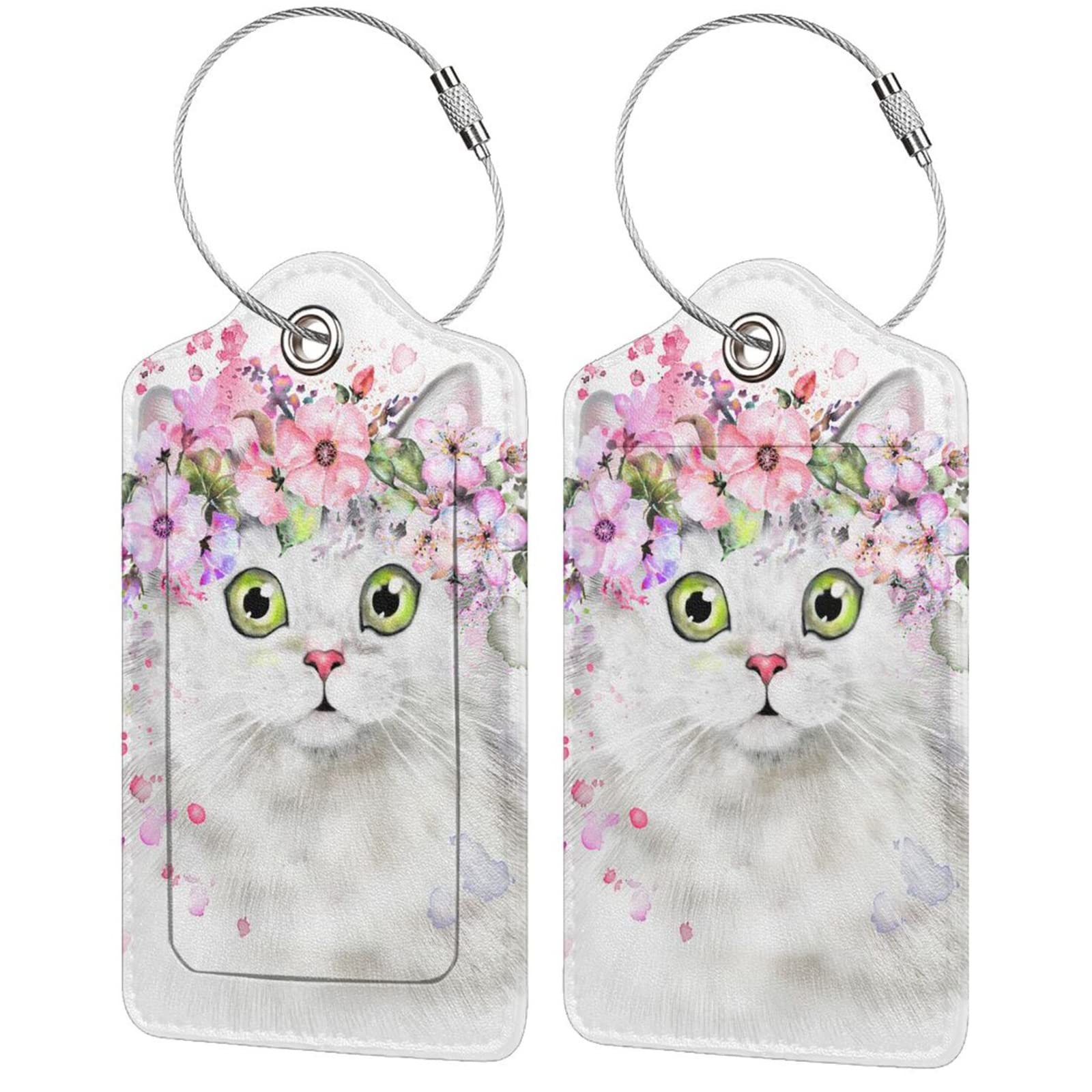 2 Pcs Cute White Cat with Pink Flowers Pattern Leather Luggage Tags, Funny Animal-Themed Suitcase Labels Bag Tag Name ID Labels with Privacy Cover for