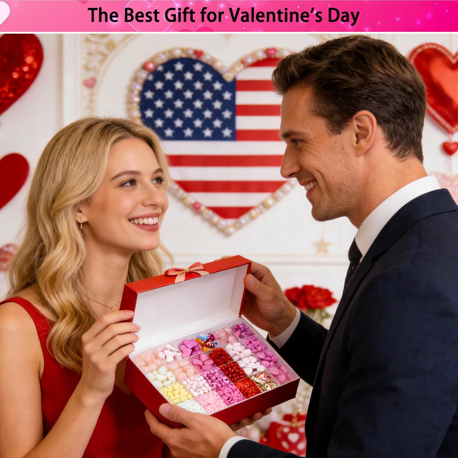 1650Pcs Valentine’s Day Beads for Bracelets Jewelry Making, Pink Red Clay Beading Kit Assorted Acrylic Heart Rose Flower Round Spacer Beads XOXO Love Heart Charms for DIY Necklace Earrings Phone Strap - Image 6