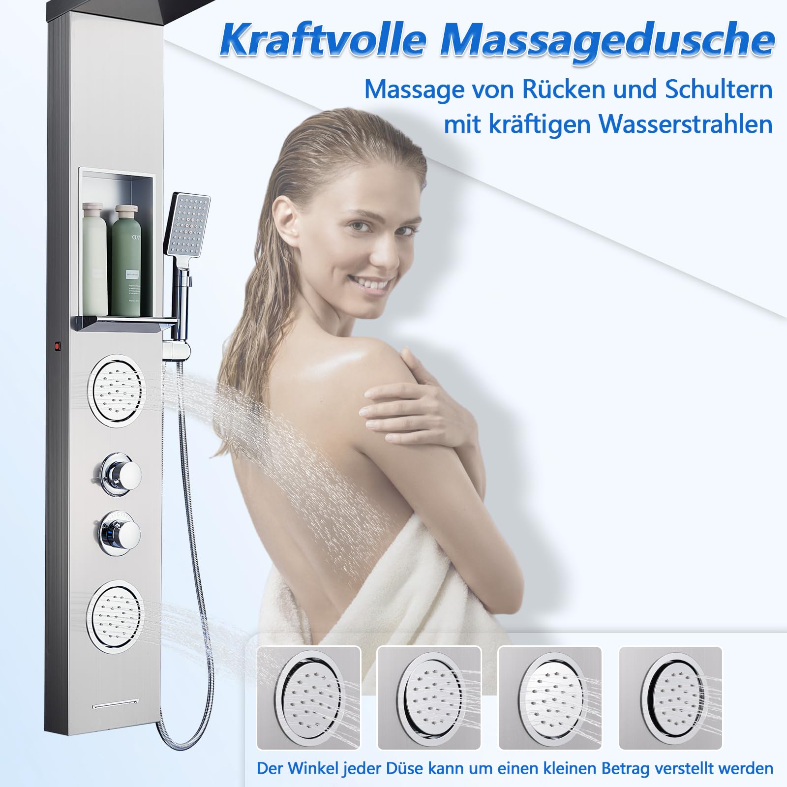 ROVOGO Duschpaneel mit Ablage und Armatur, 5 Funktionen Duschsäule mit LED: Nebel- und Regen Duschkopf, 2 Massagedusche, 3-Modus Handbrause, Wasserfall Wanneneinlauf, Duschpaneele Edelstahl Gebürstet