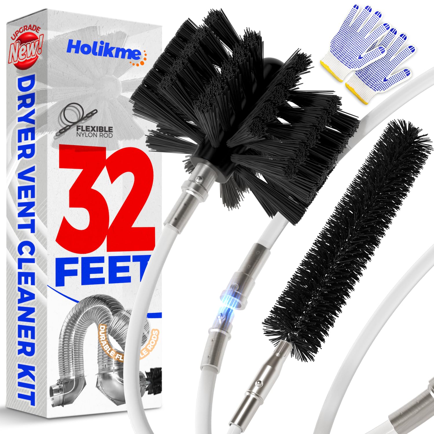 Holikme 32 Feet Dryer Vent Cleaning Kit, Upgrade Flexible Lint Brush with Drill Attachment, Extends Up to 32 Feet for Easy Cleaning,Use with or Without a Power Drill