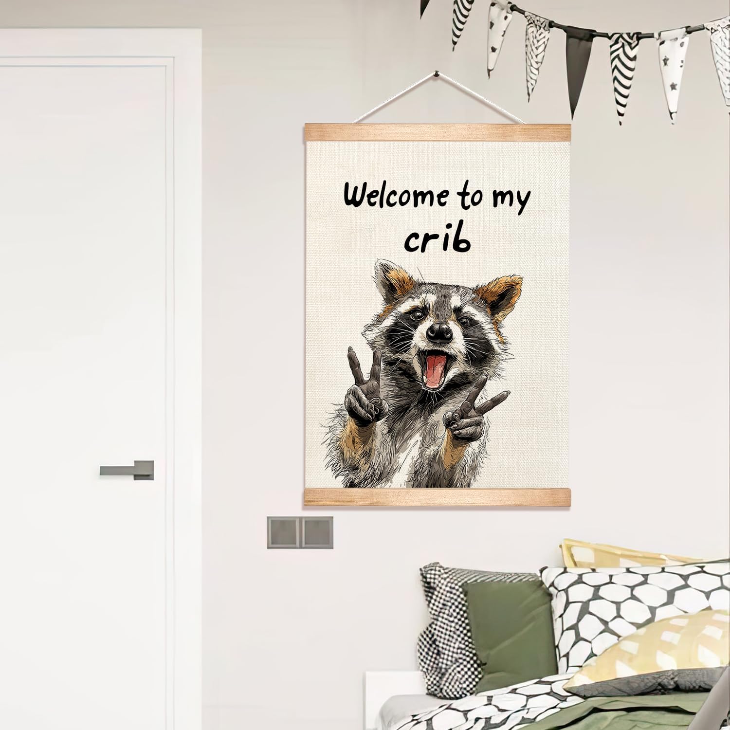 HEYJEEPER Welcome to My Crib Wall Art Decor,Funny Raccoon Posters,Man Cave Wall Hanging Decor for Playroom,Bedroom,Entryway,Dorm Room, Nursery 14x18Inch(To my crib-1)