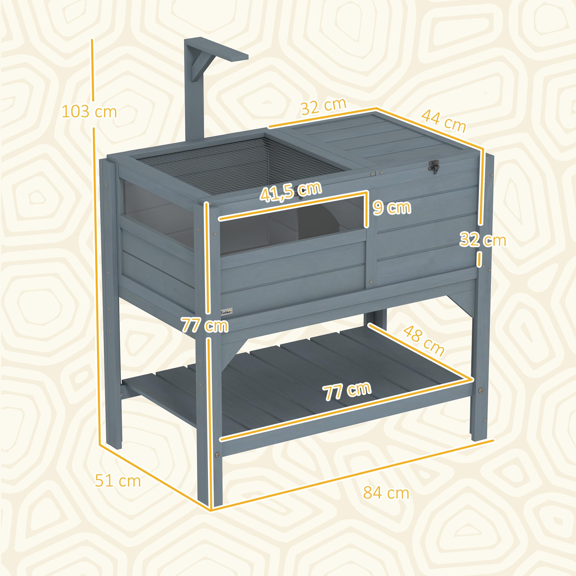 PawHut Recinto per Tartarughe su Gambe con Ripiano Portaoggetti in Legno d'Abete per Interno ed Esterno, Dimensioni 103H x 84L x 51W cm, Grigio
