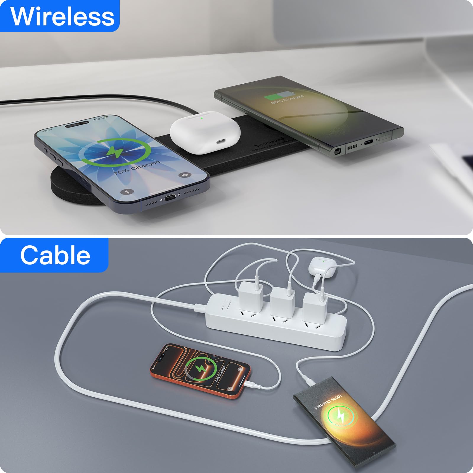 ZealSound 3-in-1 Wireless Charger Pad for Multi Devices - Ultra-Slim PU Leather Triple Wireless Charging Mat for Smartphones & Earbuds, Compatible with iPhones, AirPods, Galaxy Buds, Incl. 36W UK Plug — view 5