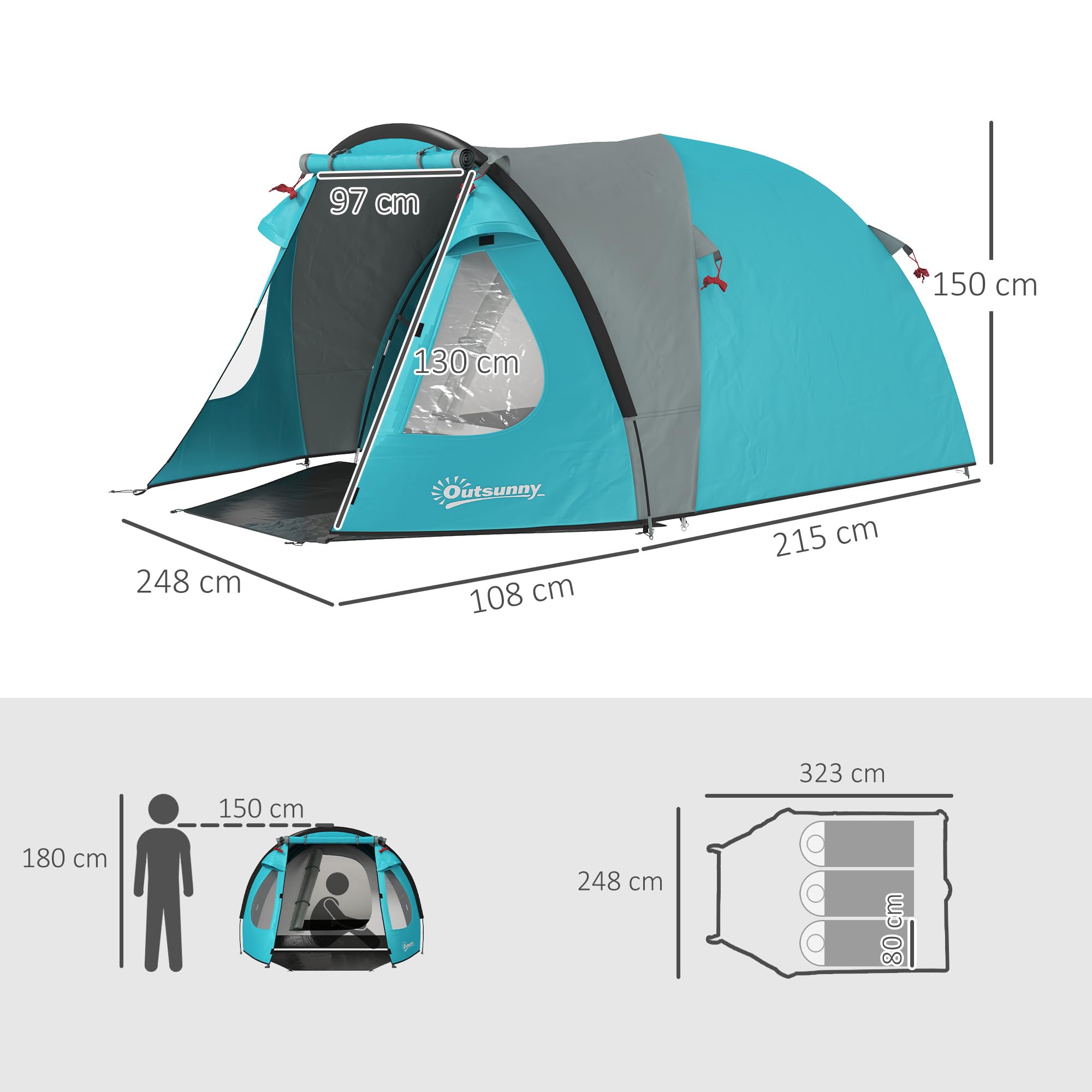 Outsunny Tenda da Campeggio per 3 Persone con Camera e Veranda, Tenda da Trekking a Casetta Impermeabile 3000mm e Borsa di Trasporto, Azzurro