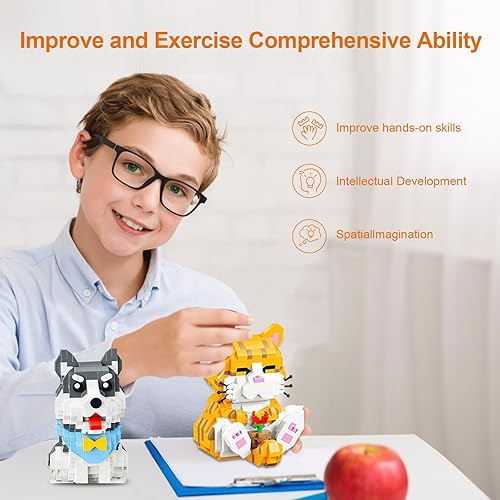 Miniatura 6 de 3 paquetes de juguetes de construcción de micro ladrillos, gato naranja y corgi y huskies, mini bloques de construcción lindos animales, registro de