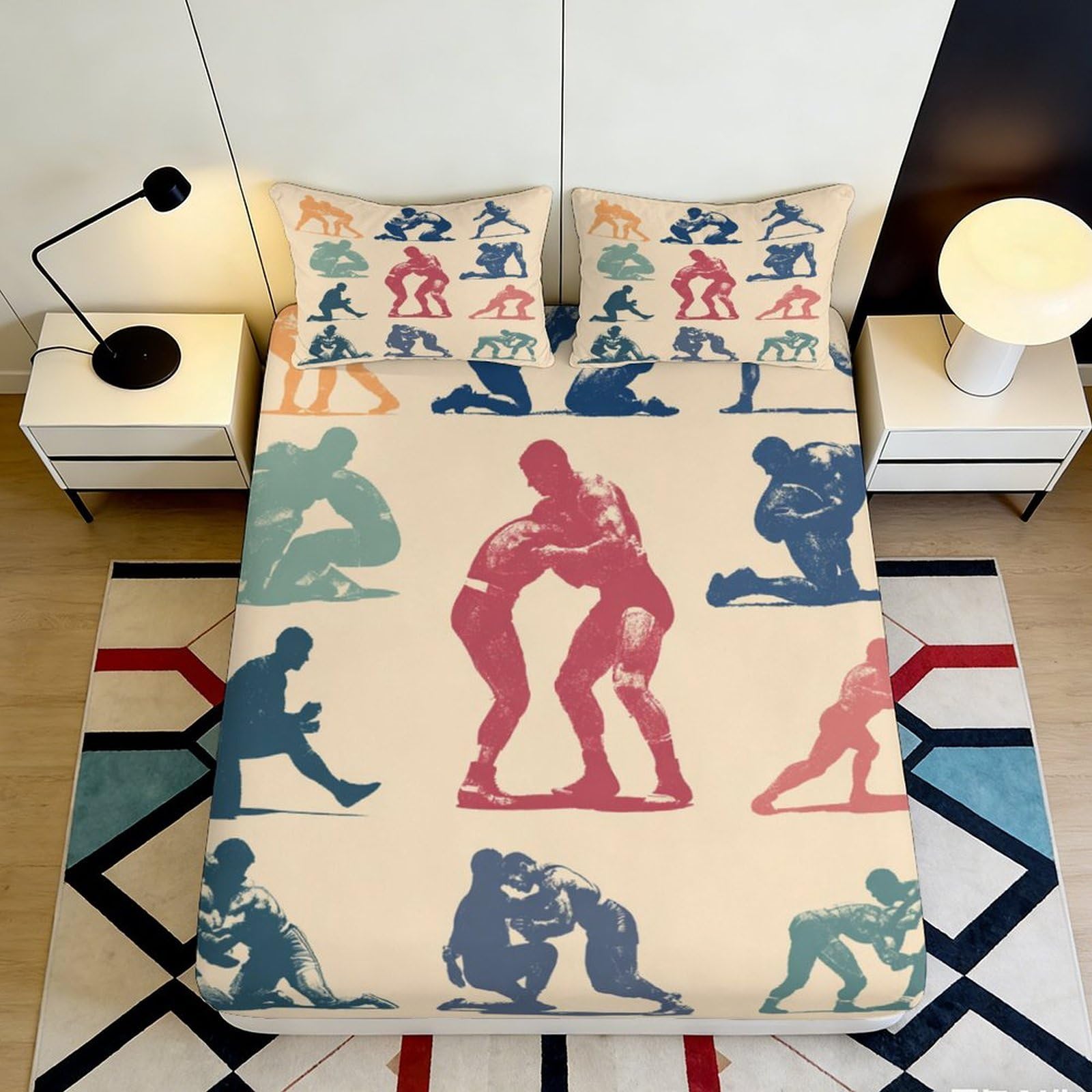 3D Printed Wrestling Pattern Fitted Sheet Microfiber Soft Durable Wrestling Figures Bed Cover for Bedroom Dormitory Guest Room Mattress Protection 120x200x25cm