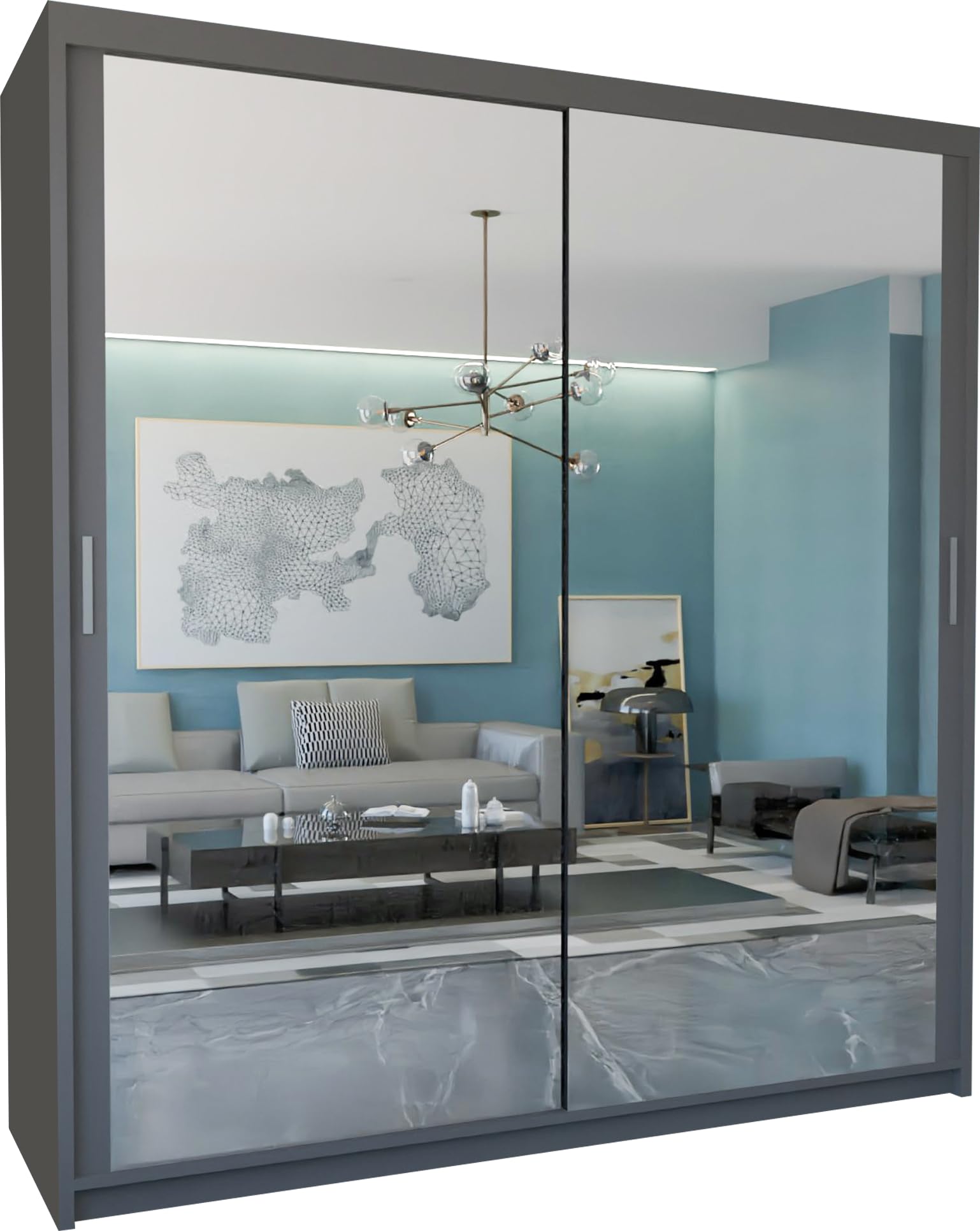 Mirror Double Sliding Door Grey Wardrobe 2 LED Light Option 90/120/150/180/203cm (203cm)