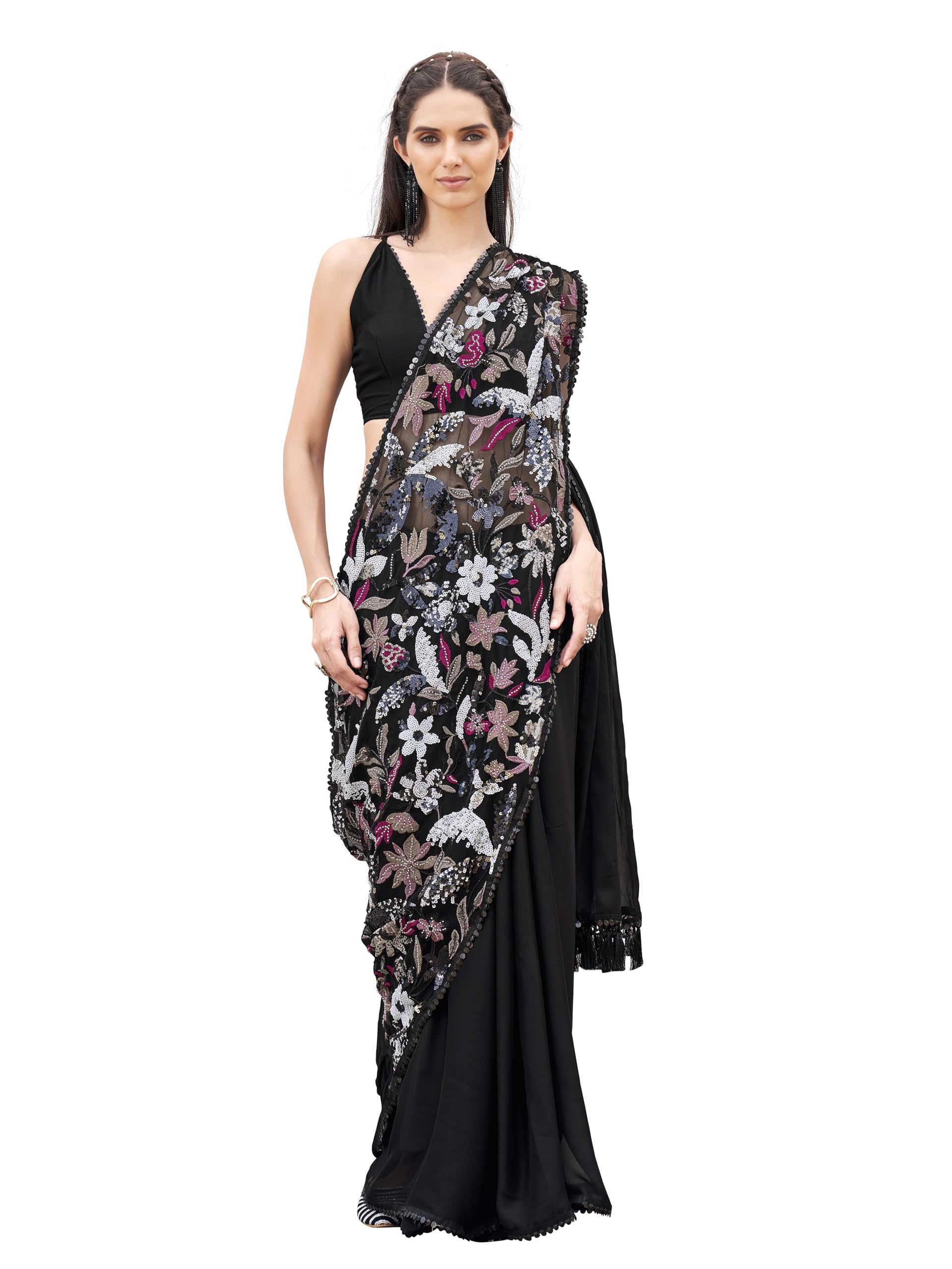 womanista Women's Black colored designer saree with sequence and beads embroidery on shoulder portion(TI7089_Black_Onesize)-picture-7