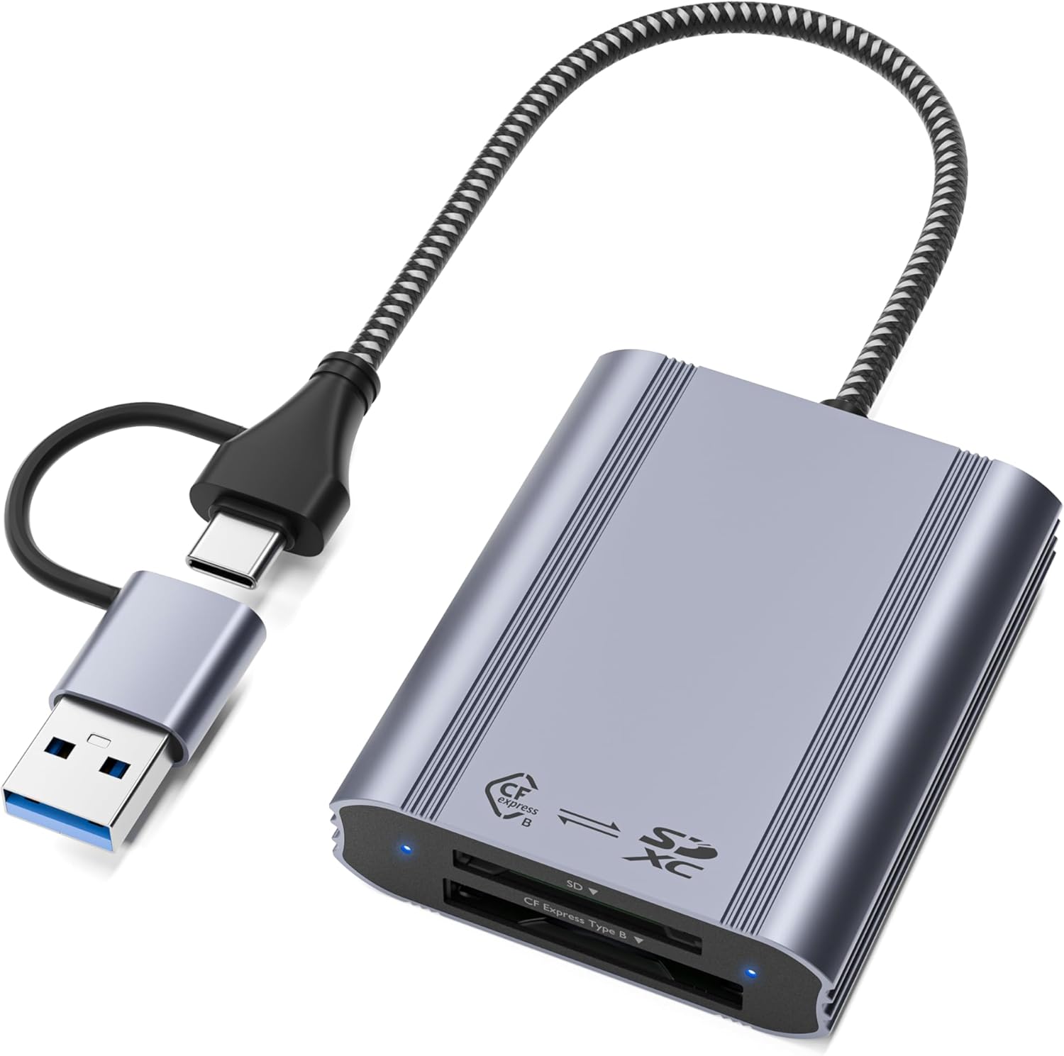 CFexpress Type B & SD Card Reader, 10Gbps USB 3.2 Gen 2 Dual-Slot Adapter, 2-in-1 USB-C & USB-A Memory Card Reader for iPhone 17/16/15, MacBook, Android, Windows, Canon & Nikon Cameras