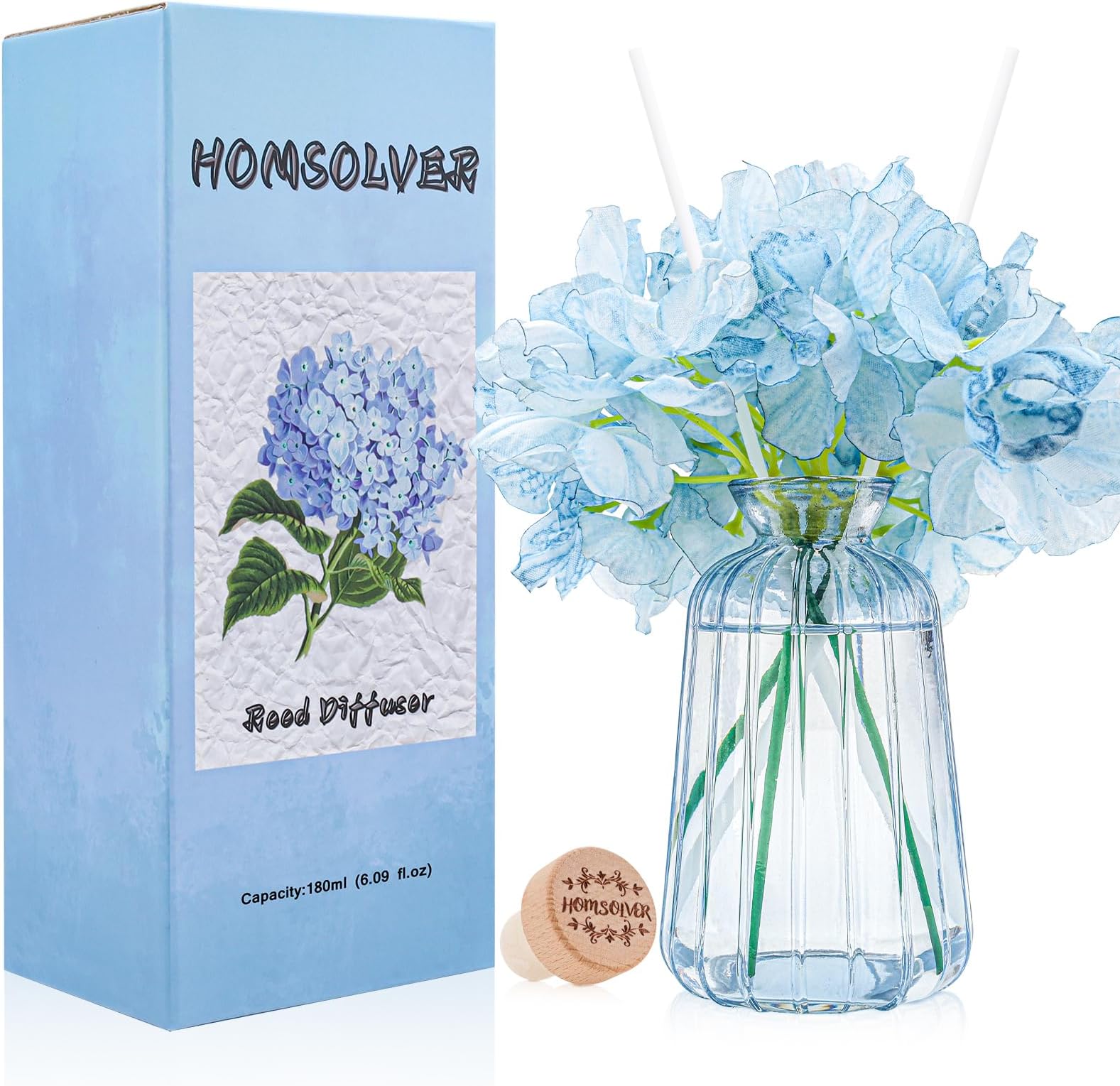 Homsolver Home Decor Reed Diffuser Set, Gifts for Women, 6.09 OZ Sea Salt Scent Diffuser with 6 Reed Diffuser Sticks for Home Bedroom Bathroom Living Room Office Shelf Decor, Birthday Gifts for Women