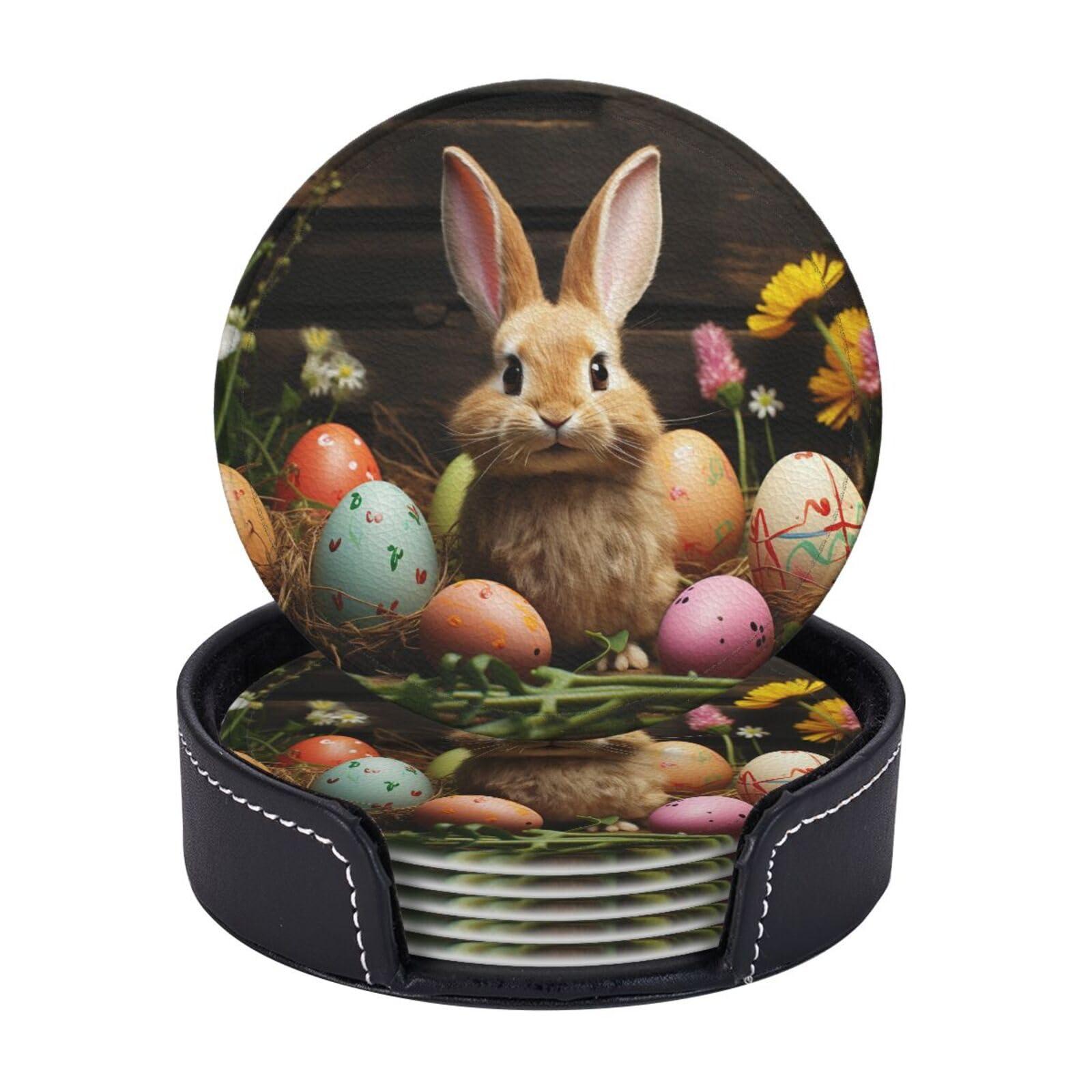 6Pcs PU Leather Coaster for Drinks, Easter Egg Bunny Cup Coasters with Holder, Aesthetic Drink Coasters for Coffee Table, Round Coaster for Tabletop Protection 4" Cup Mat Pad