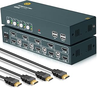 GREATHTEK KVM Switch Dual Monitor 4K@60Hz, USB2.0, KVM Switch HDMI 4 Port HDCP2.2, HDMI2.0, KVM Switches Button Switch and Hotkey Switch, HDMI KVM Switch Plug und Play, with 8 HDMI und 4 USB cables