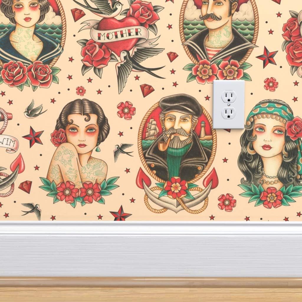 Lowest Price Peel & Stick Wallpaper 9ft x 2ft - Old School Vintage Tattoo Beige Large Classic Skulls Anchor Sailor Fortune Heart Custom Removable Wallpaper by Spoonflower