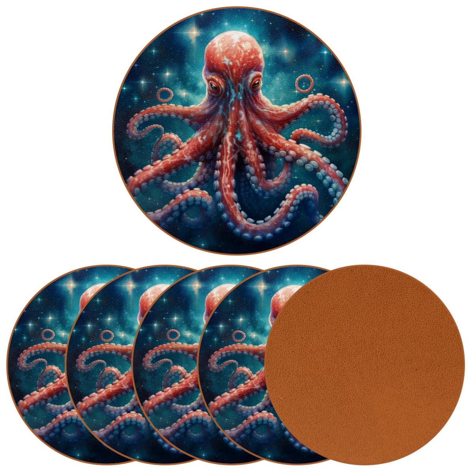 Cartoon-Galaxie-Oktopus-Untersetzer für Getränke, 6 Stück, Tisch-Schutzmatte für Weingläser, Tassen und Tassen, wiederverwendbar im Büro, Küche, Bar, 10,9 cm