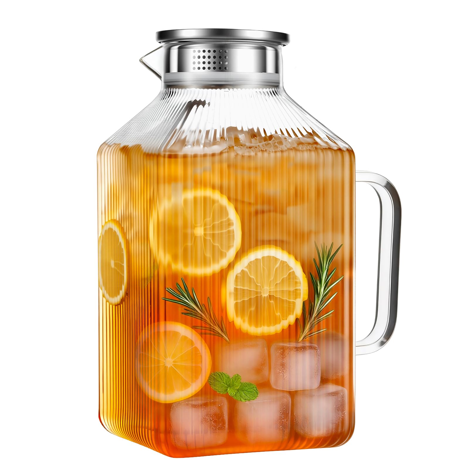 Photo 1 of 1 Gallon thickened Square Glass Pitcher with Lid, Spout and Handle, Striped Water Pitcher for Fridge, Borosilicate Glass Carafe for Cold Water & Hot Brew, Large Jug for Iced Tea, Coffee, Juice