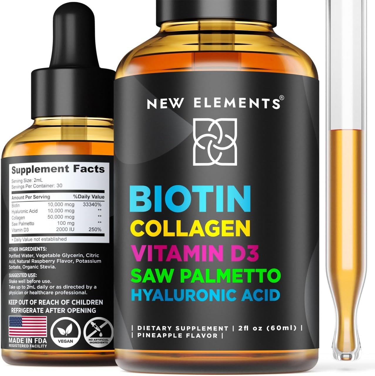 Liquid Biotin Drops with Collagen Vitamin D3 Saw Palmetto