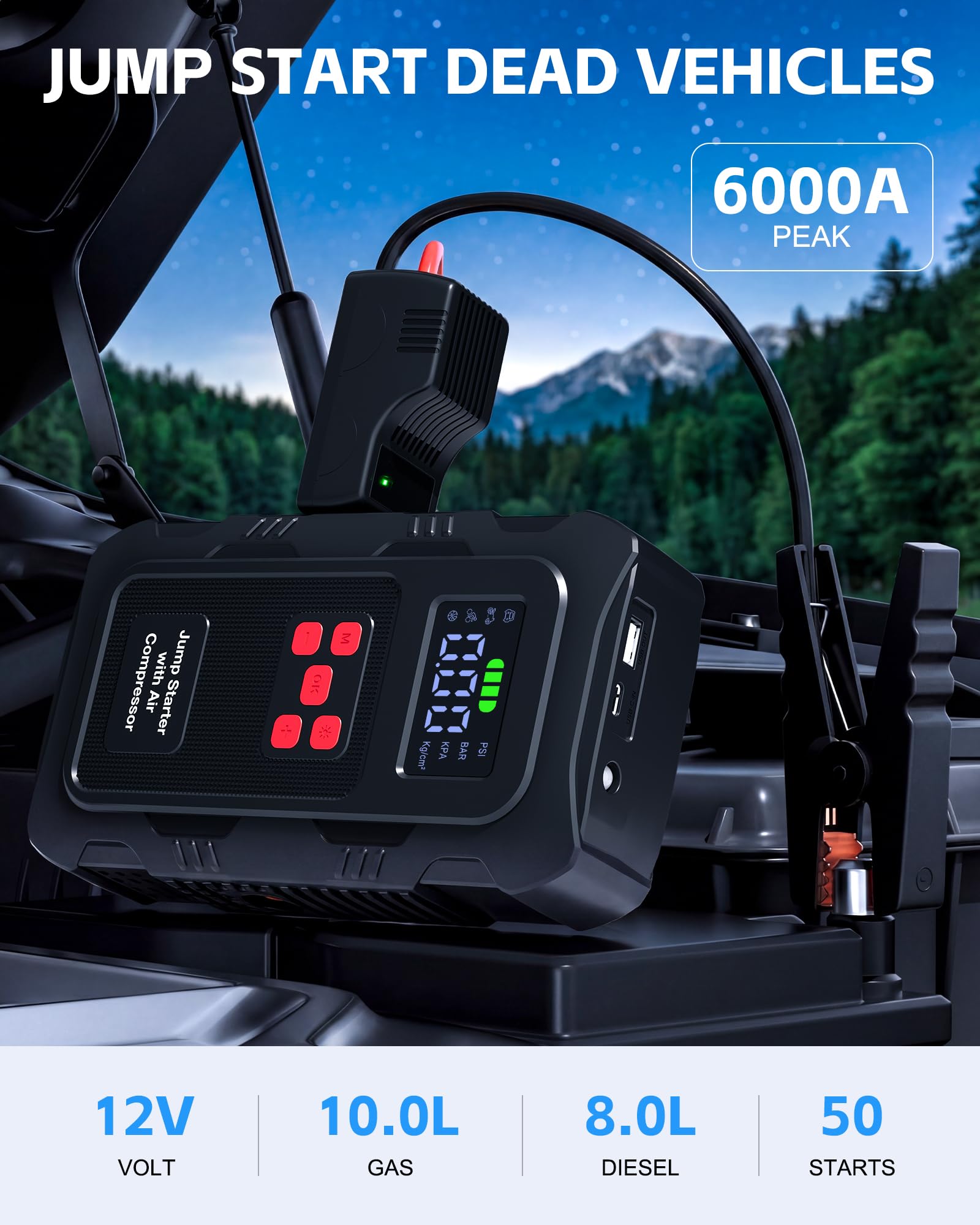 Povasee Booster Batterie Voiture avec Gonfleur Pneus Voiture 150PSI, Démarreur Batterie 12V pour 10L Essence/8L Diesel, Booster avec Arrêt Automatique, Lampe LED, Sortie USB (Rouge)