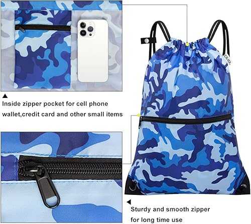 Miniatura 4 de Mochila deportiva con cordón, bolsa de gimnasio para yoga, viajes, para mujeres y hombres, tamaño grande con bolsillos con cremallera, Camuflado