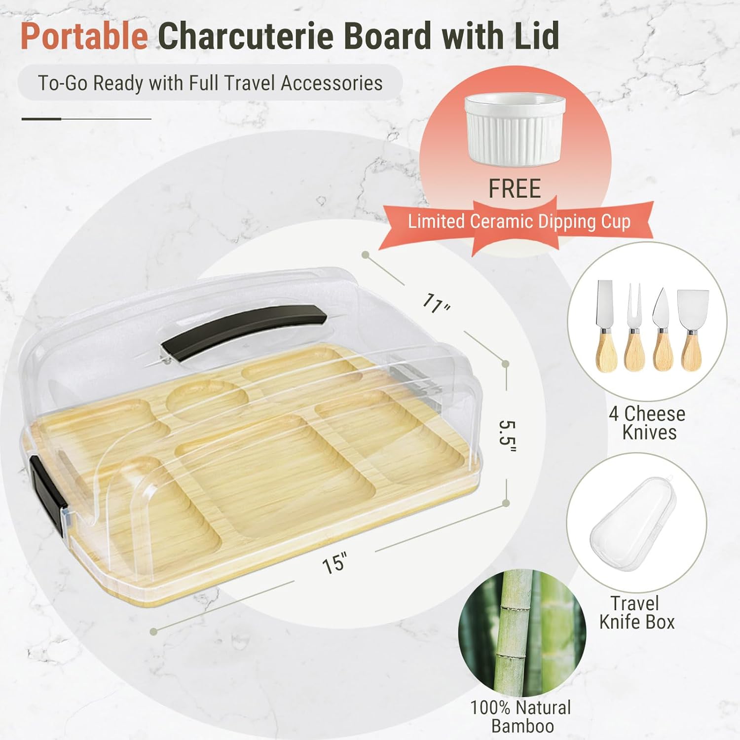 to-Go Ready Charcuterie Board with Lid & Handle for Travel, Flip-to-Cut Bamboo Cheese Tray, with Cheese Knives & Accessories, Gift for Women — Birthday, Housewarming, Bridal Shower & Weddings
