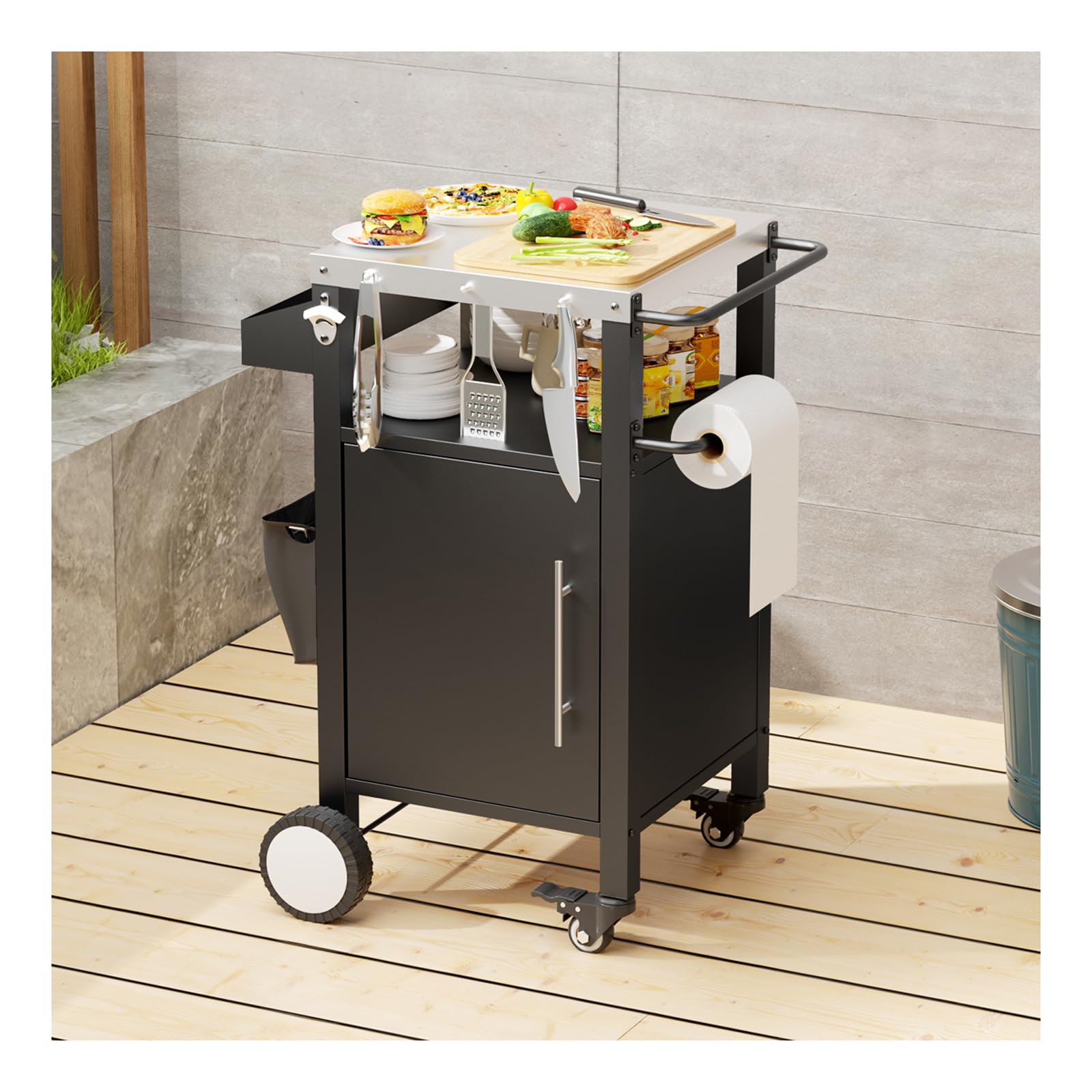 Carrello per griglia per barbecue da esterno con ganci per carrello e portaspezie per accessori per grigliare, nero