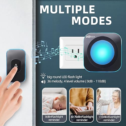 Miniatura 2 de Timbre inalámbrico de 1200 pies, impermeable, timbres y timbres inalámbricos con luz LED flash, 36 melodías, 4 niveles de volumen para oficina en