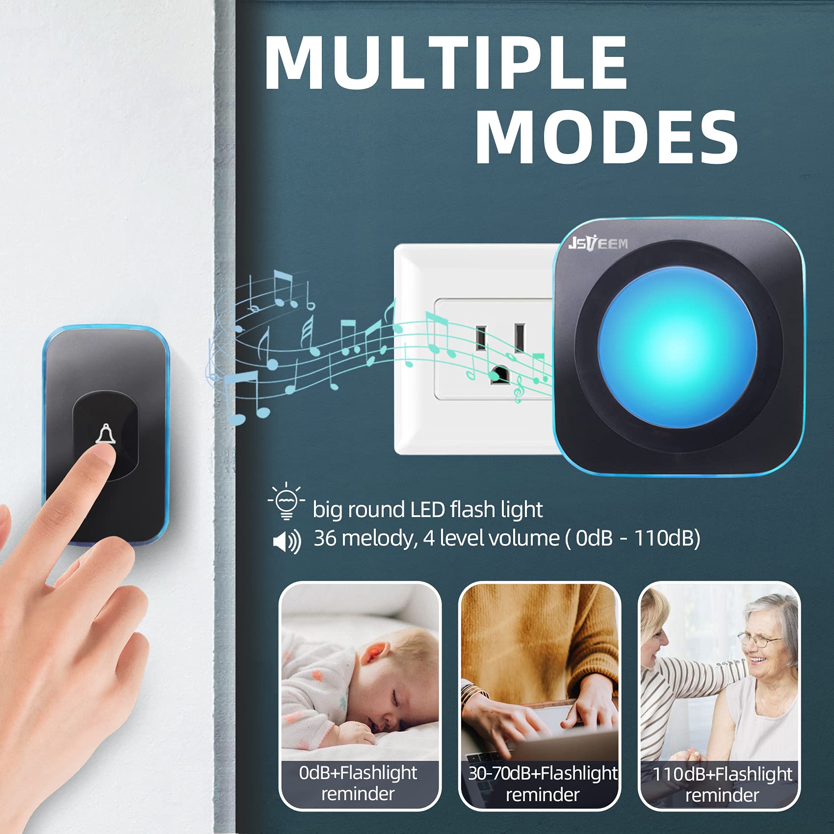 Timbre inalámbrico  - Timbre de puerta impermeable de 1200 pies, con luz LED de destello 36 melodías, 4 niveles de volumen para oficina en casa (2 receptores y 1 botón táctil, negro) 2