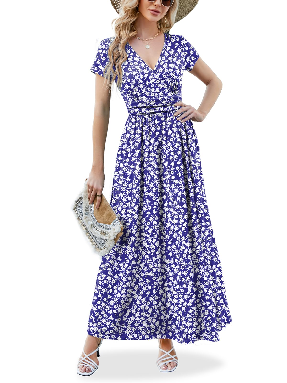 ANRILITA Maxi Dress for Women 2026 Wrap V Neck Short Sleeve Empire Waist Summer Casual Elegant Flowy Long Dresses with Pocket