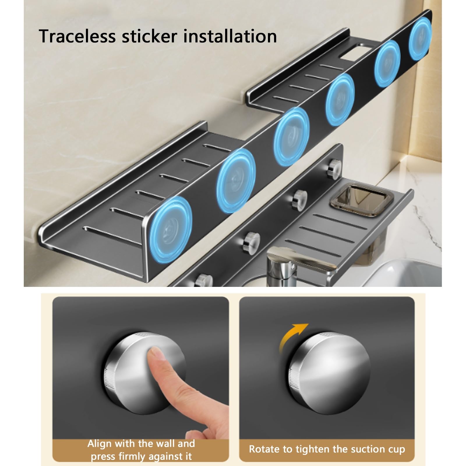 Mensola Portaoggetti A Ventosa per Lavandino Del Bagno, Ripiano Sopra Il Rubinetto, Struttura Stabile e Resistente, Design Traforato, Installazione Senza Fori(Large)