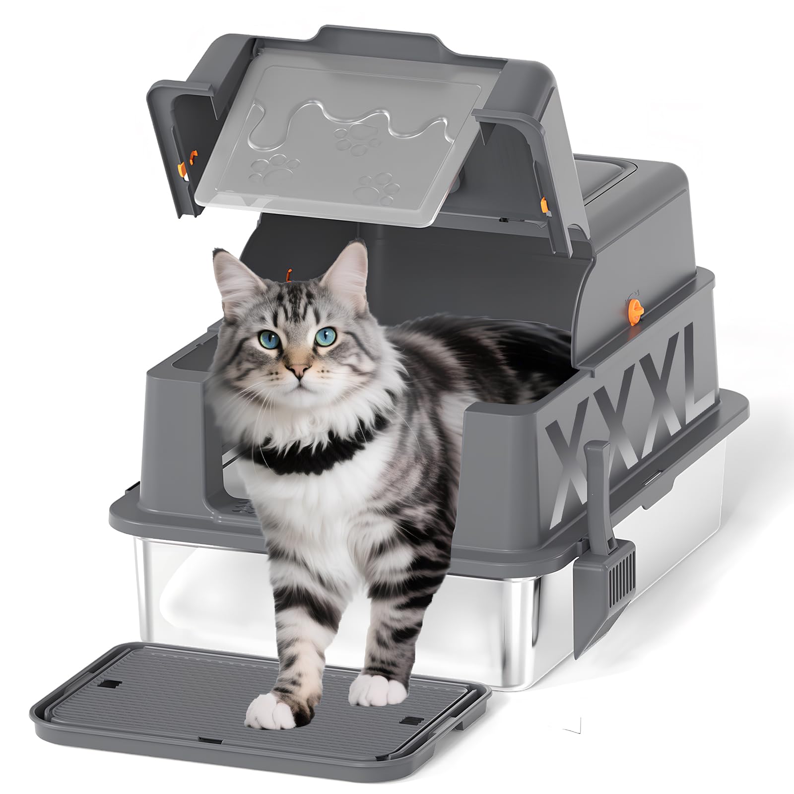 Homegroove XXXL Katzenklo Edelstahl mit Deckel, 70x50x45 Extra Großes Katzenklo mit Schaufel & Fußpedal, Geschlossenes Metall Katzenklo für Große Katzen & Mehrkatzenhaushalte, Anti-Auslauf (Grau)